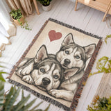 Two Siberian Huskys Love Portrait Fringe Woven Blanket .