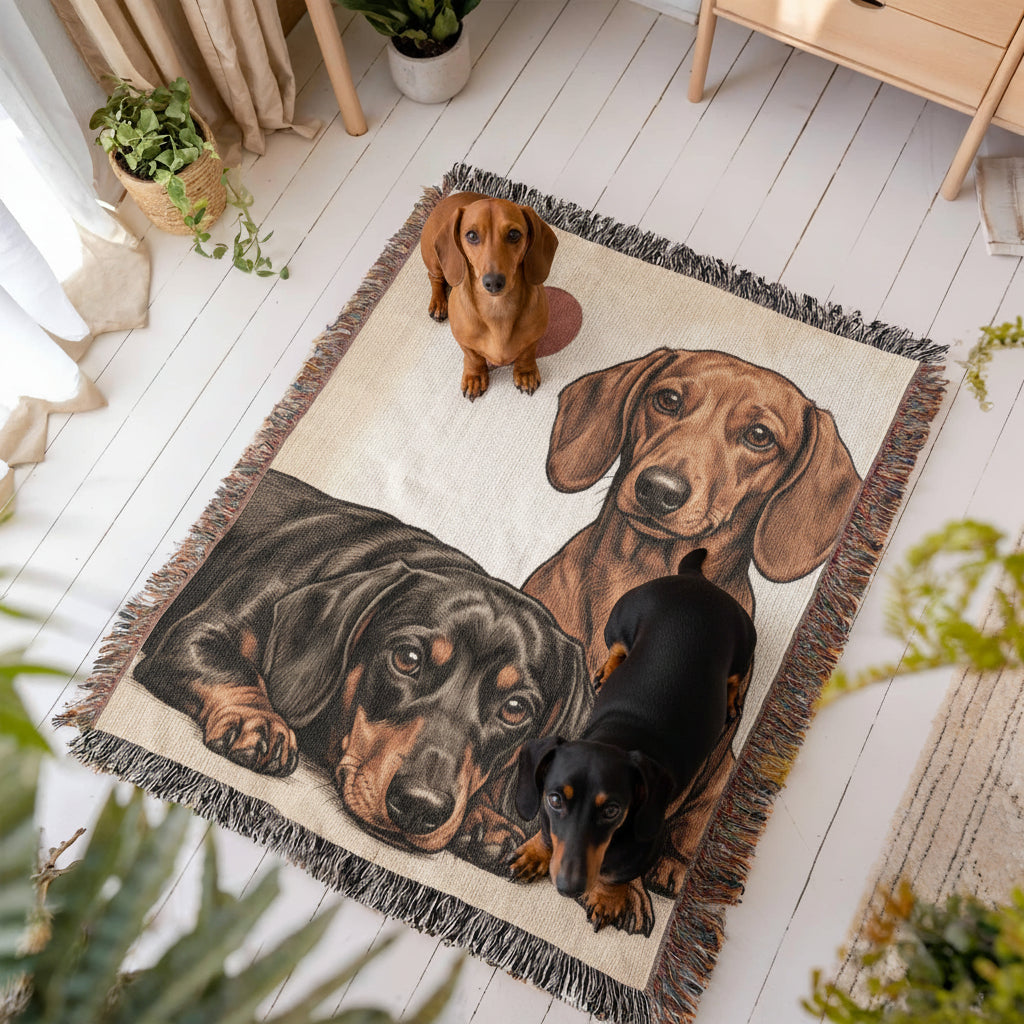 Two Dachshunds Love Portrait Fringe Woven Blanket .