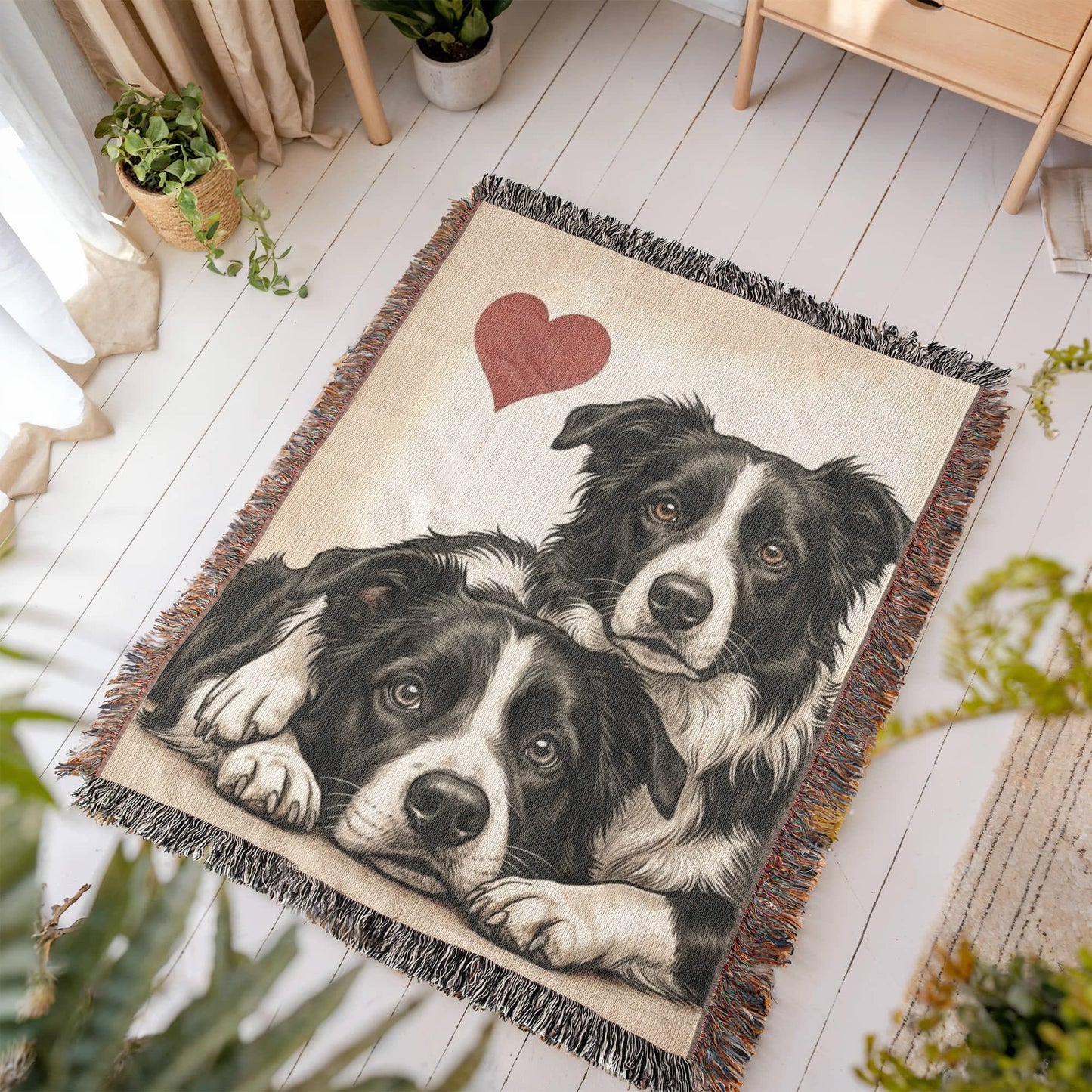 Two Border Collies Love Portrait Fringe Woven Blanket .