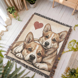 Two Corgis Love Portrait Fringe Woven Blanket .