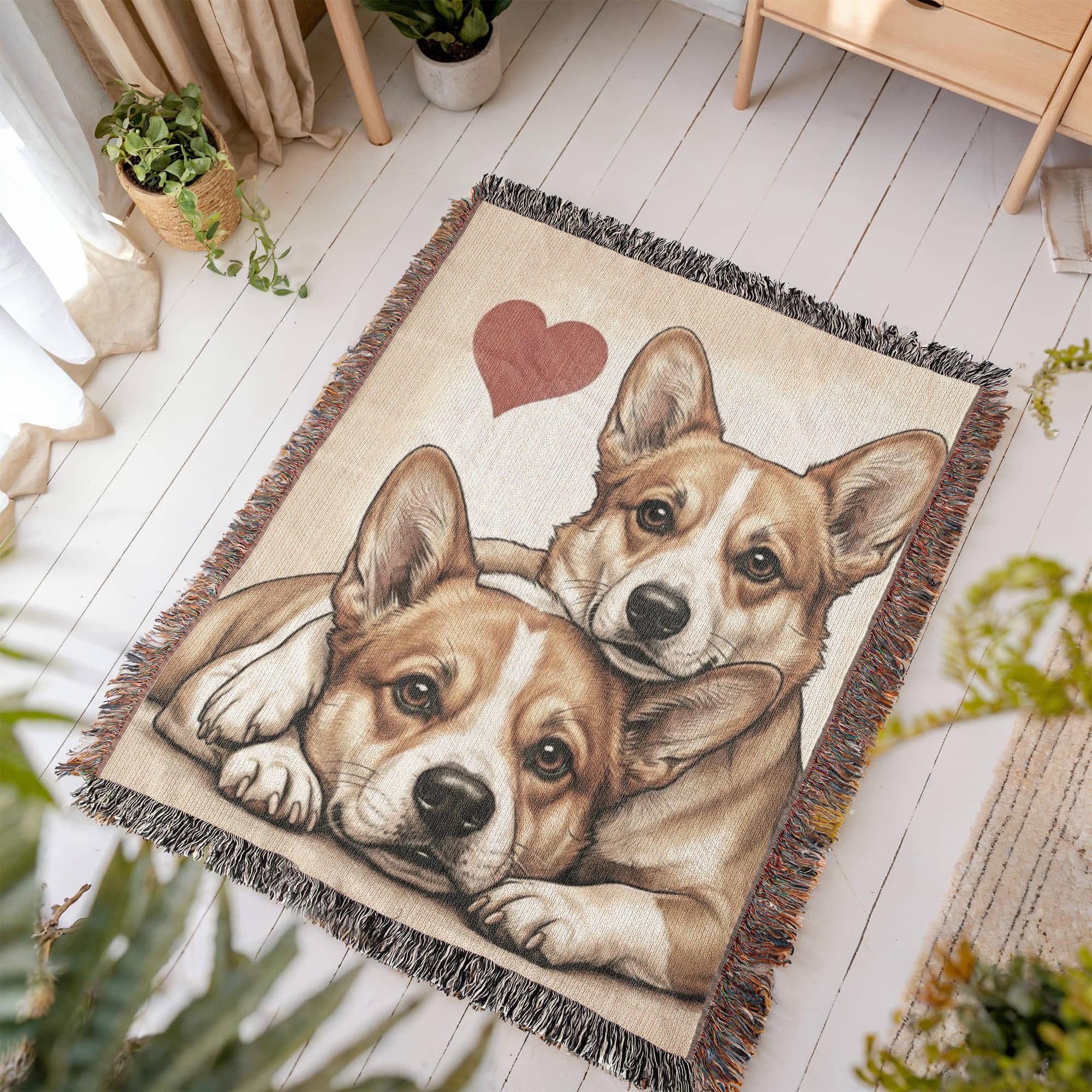 Two Corgis Love Portrait Fringe Woven Blanket .