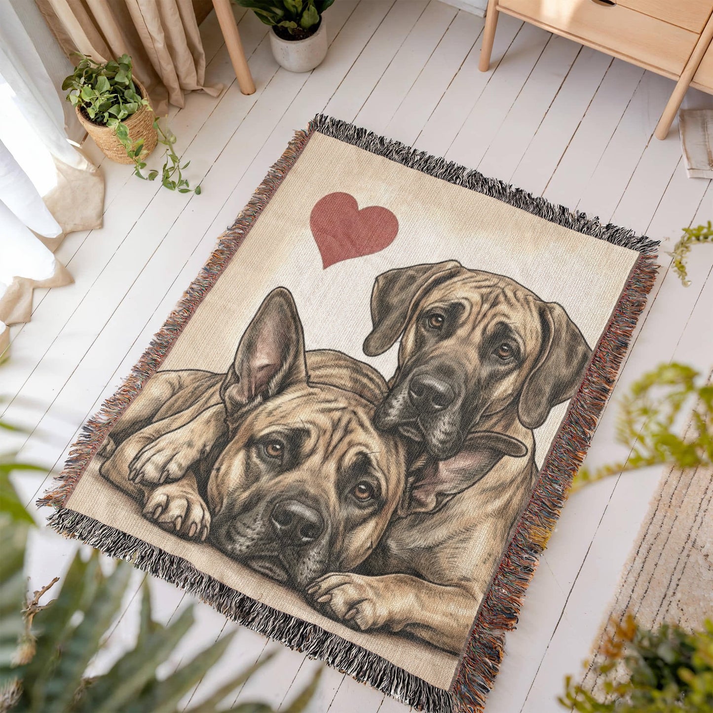 Two Great Danes Love Portrait Fringe Woven Blanket .