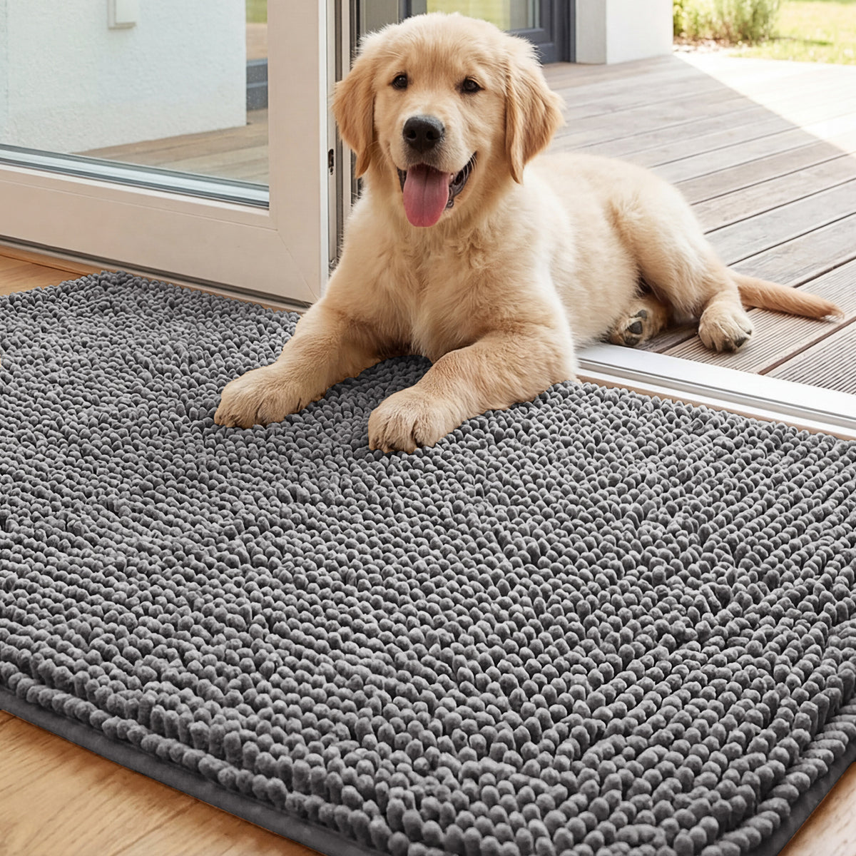 Chenille Non-Slip Absorbent Pet Mat – Soft Long-Pile Dog Floor Mat . Gray