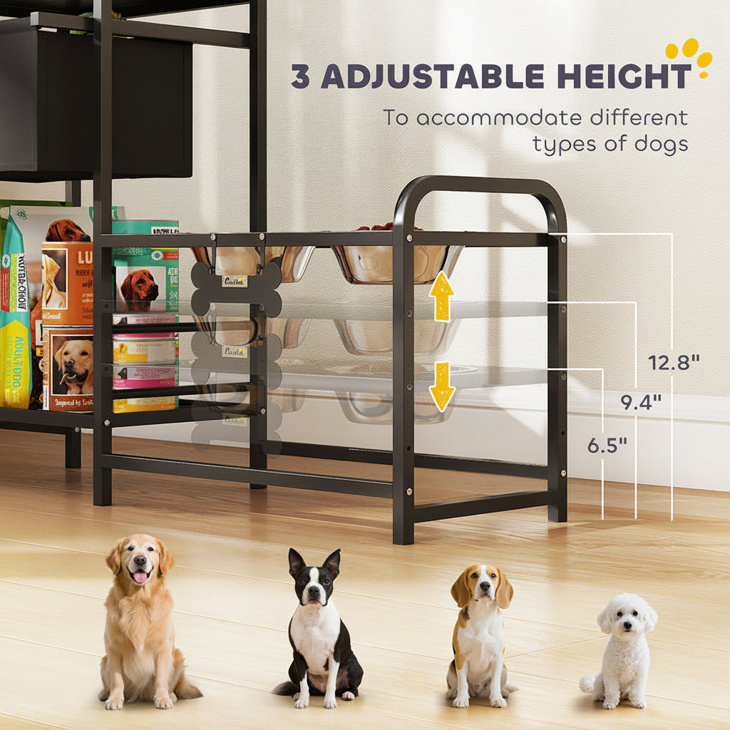 4-Bowl Elevated Dog Feeding Station with Storage – Adjustable Height Stand for Multi-Dog Homes .