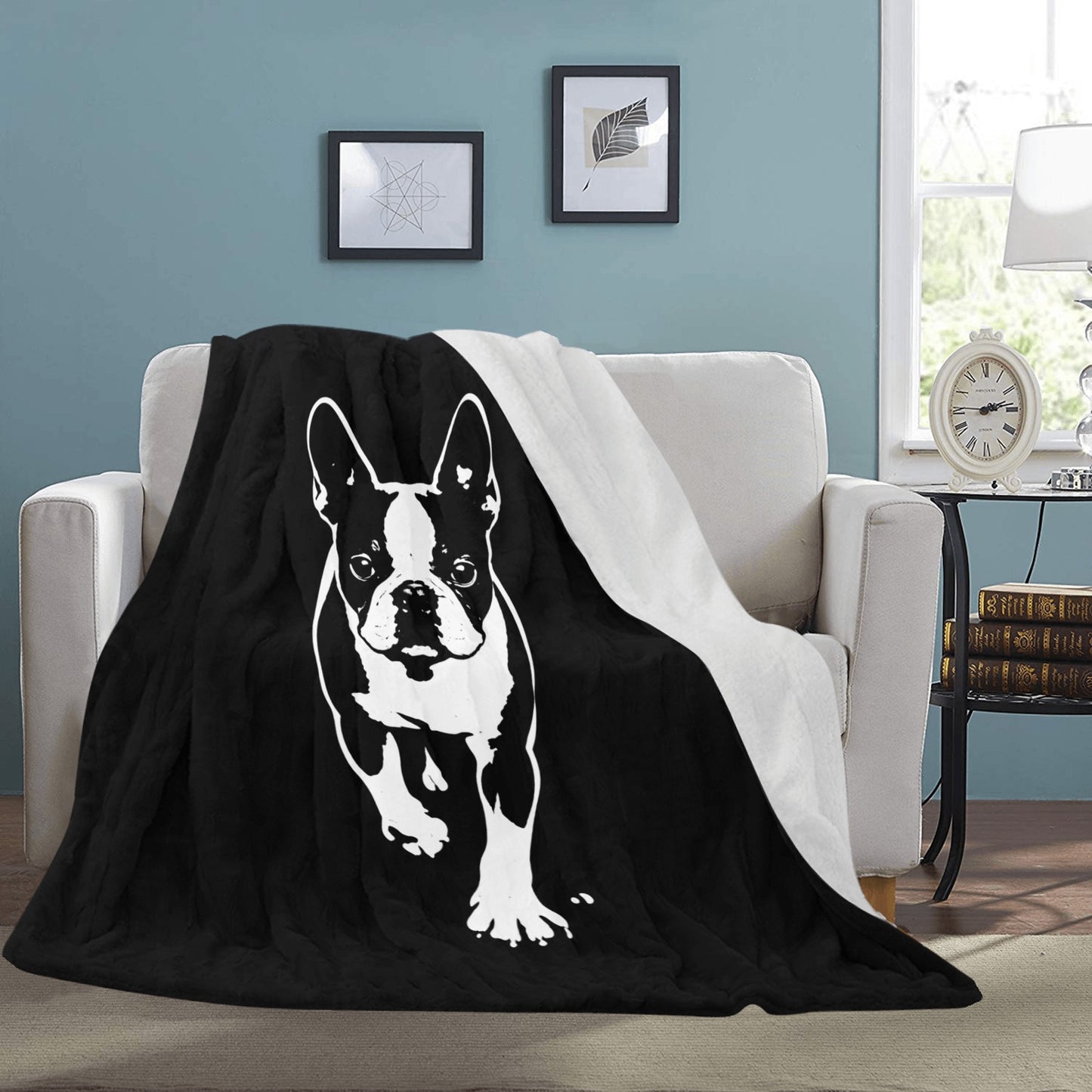 Boston Terrier Stencil Graphic – Minimalist Dog Lover Ultra-Soft Micro Fleece Blanket .