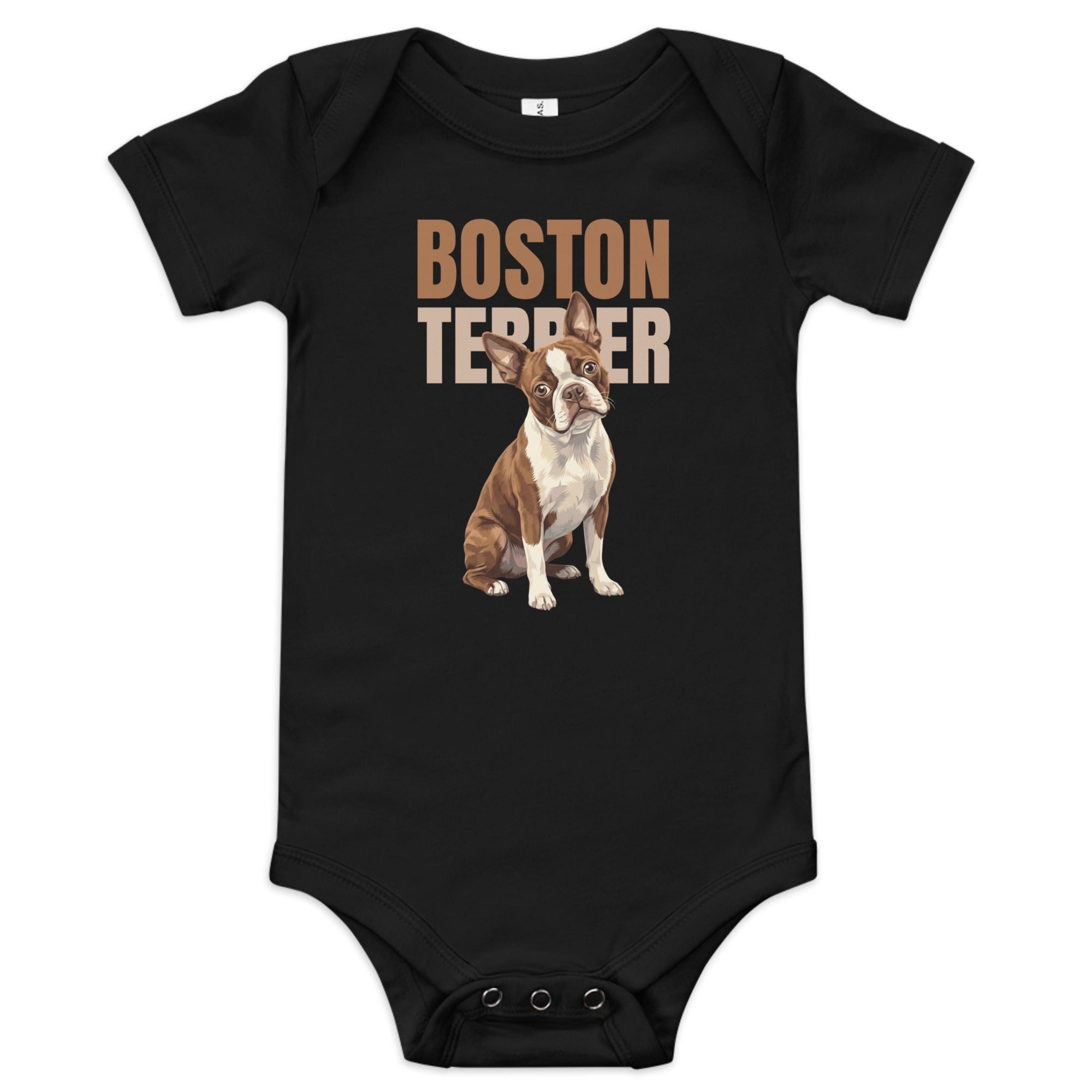 Brown Boston Terrier Dog Baby Short Sleeve Onesie . Black