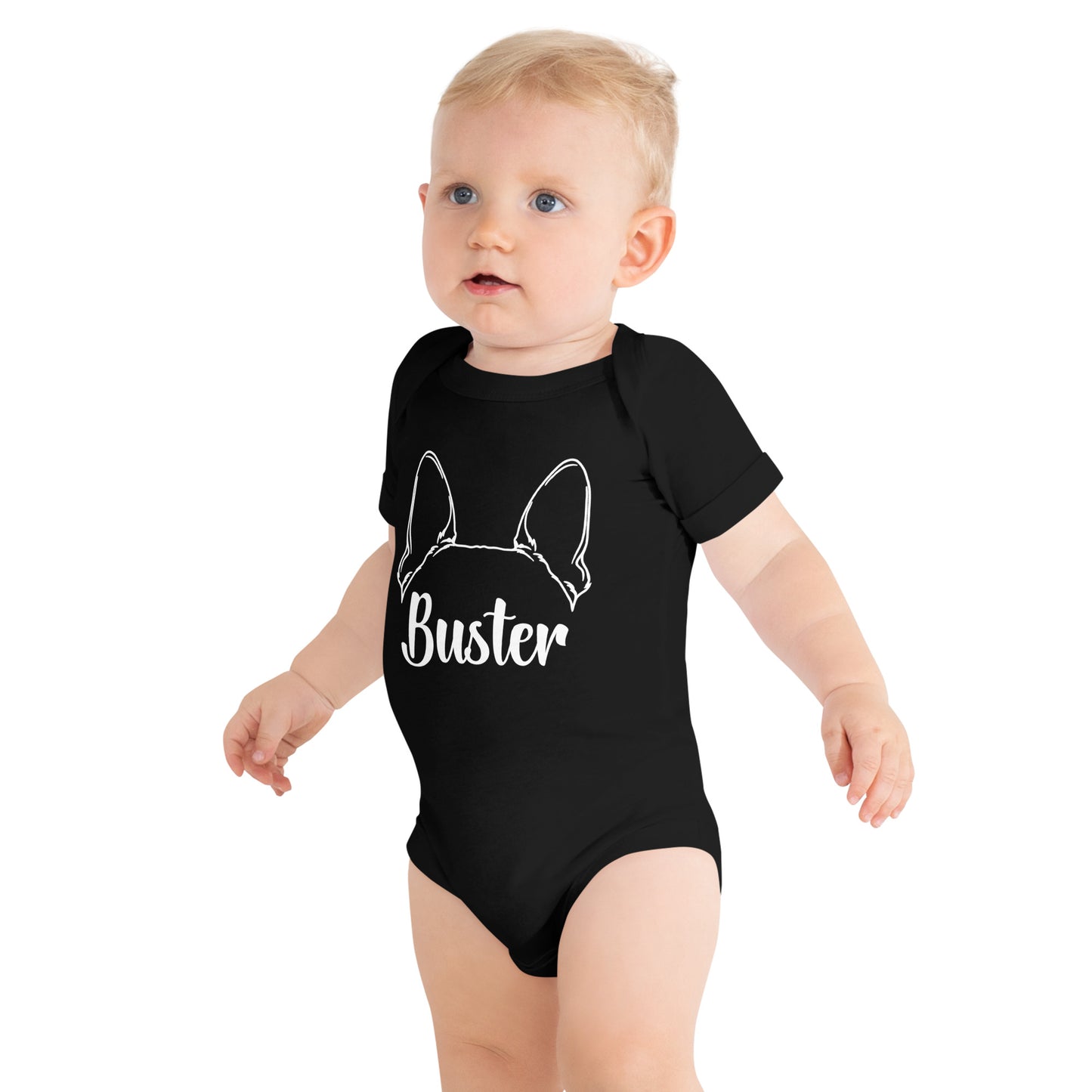 Big Ears With Boston Terrier Name - Personalized Baby Short Sleeve Onesie .