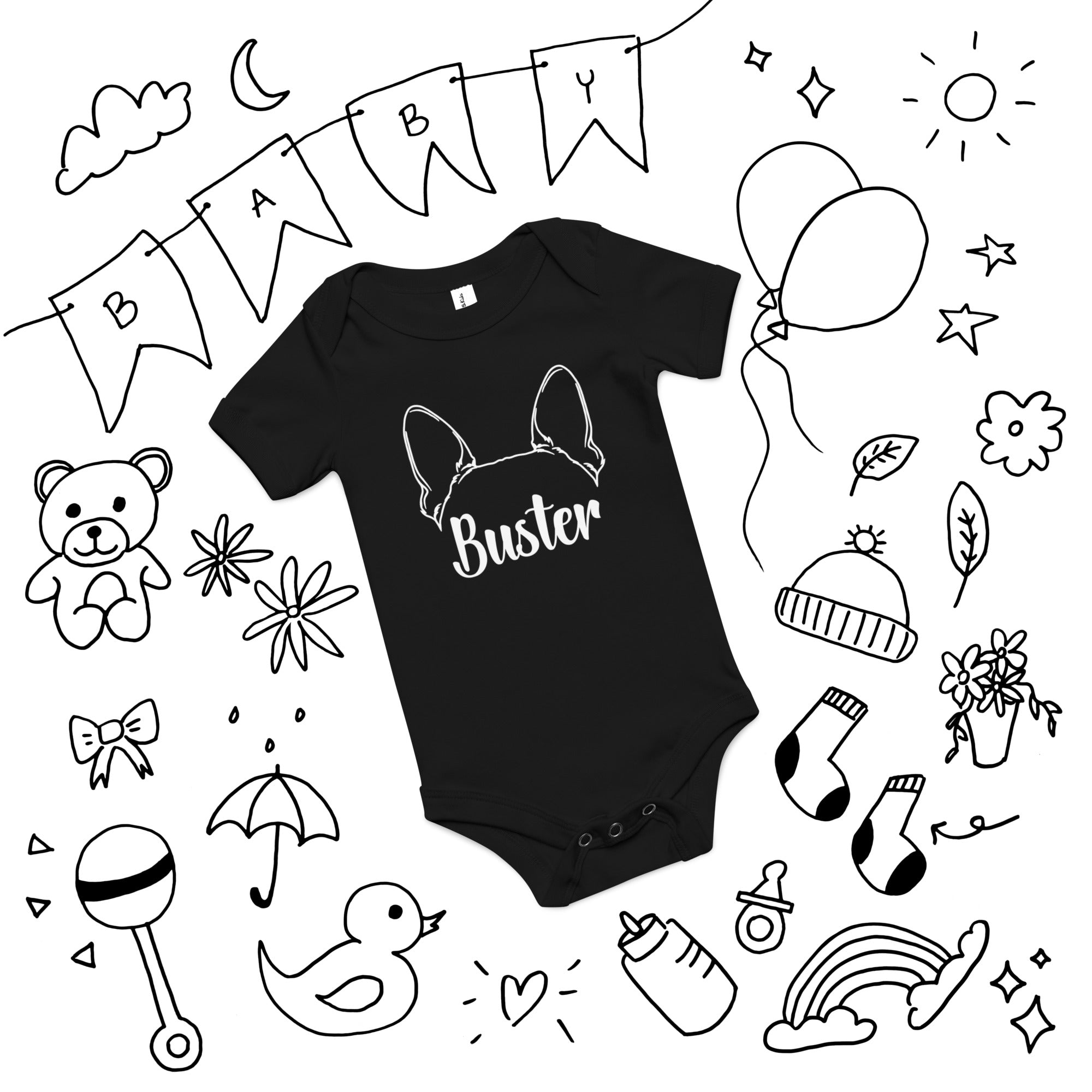 Big Ears With Boston Terrier Name - Personalized Baby Short Sleeve Onesie .