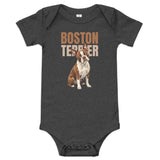 Brown Boston Terrier Dog Baby Short Sleeve Onesie . Dark Grey Heather