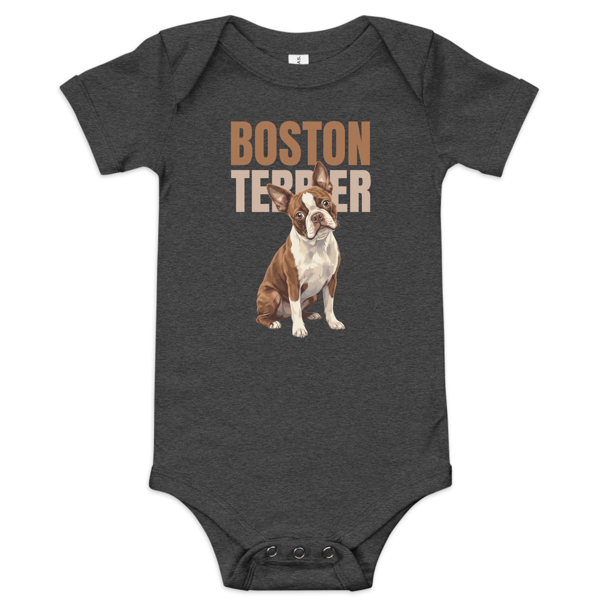 Brown Boston Terrier Dog Baby Short Sleeve Onesie . Dark Grey Heather