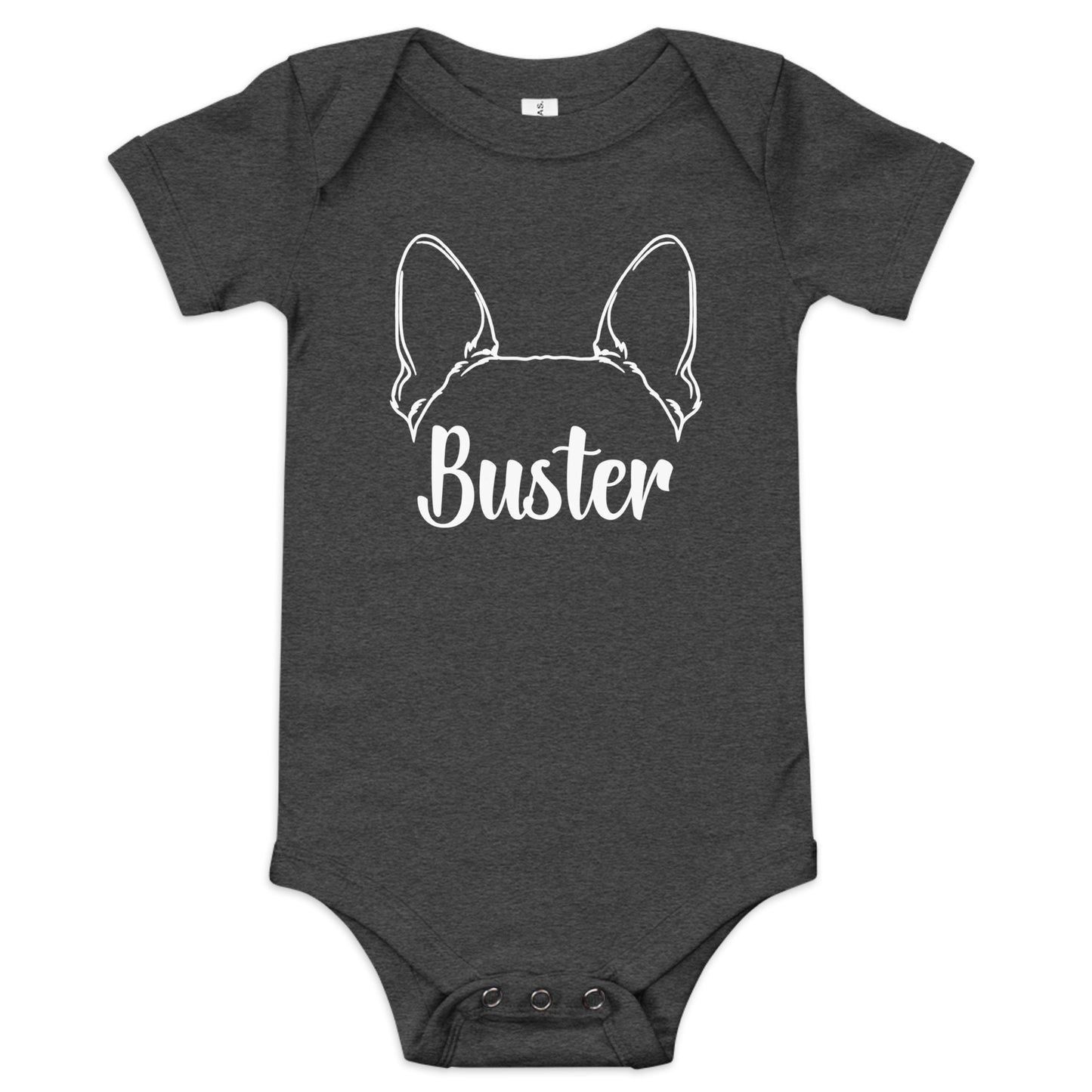 Big Ears With Boston Terrier Name - Personalized Baby Short Sleeve Onesie . Dark Grey Heather
