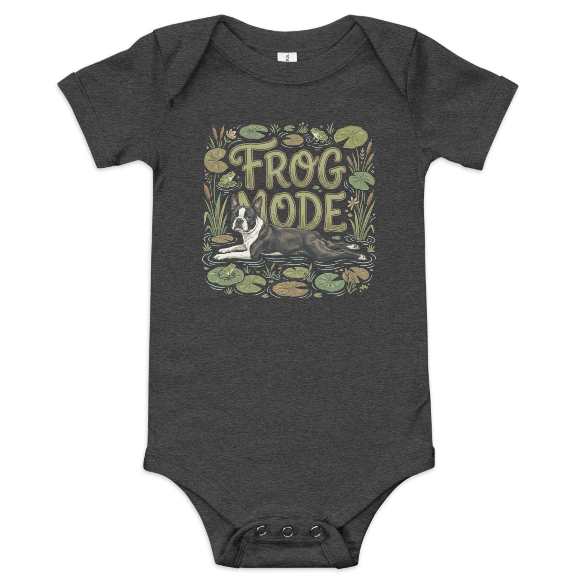 Frog Mode Boston Terrier Dog Frog Legs Baby Short Sleeve Onesie . Dark Grey Heather