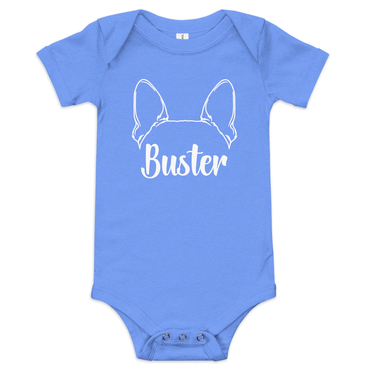 Big Ears With Boston Terrier Name - Personalized Baby Short Sleeve Onesie . Heather Columbia Blue