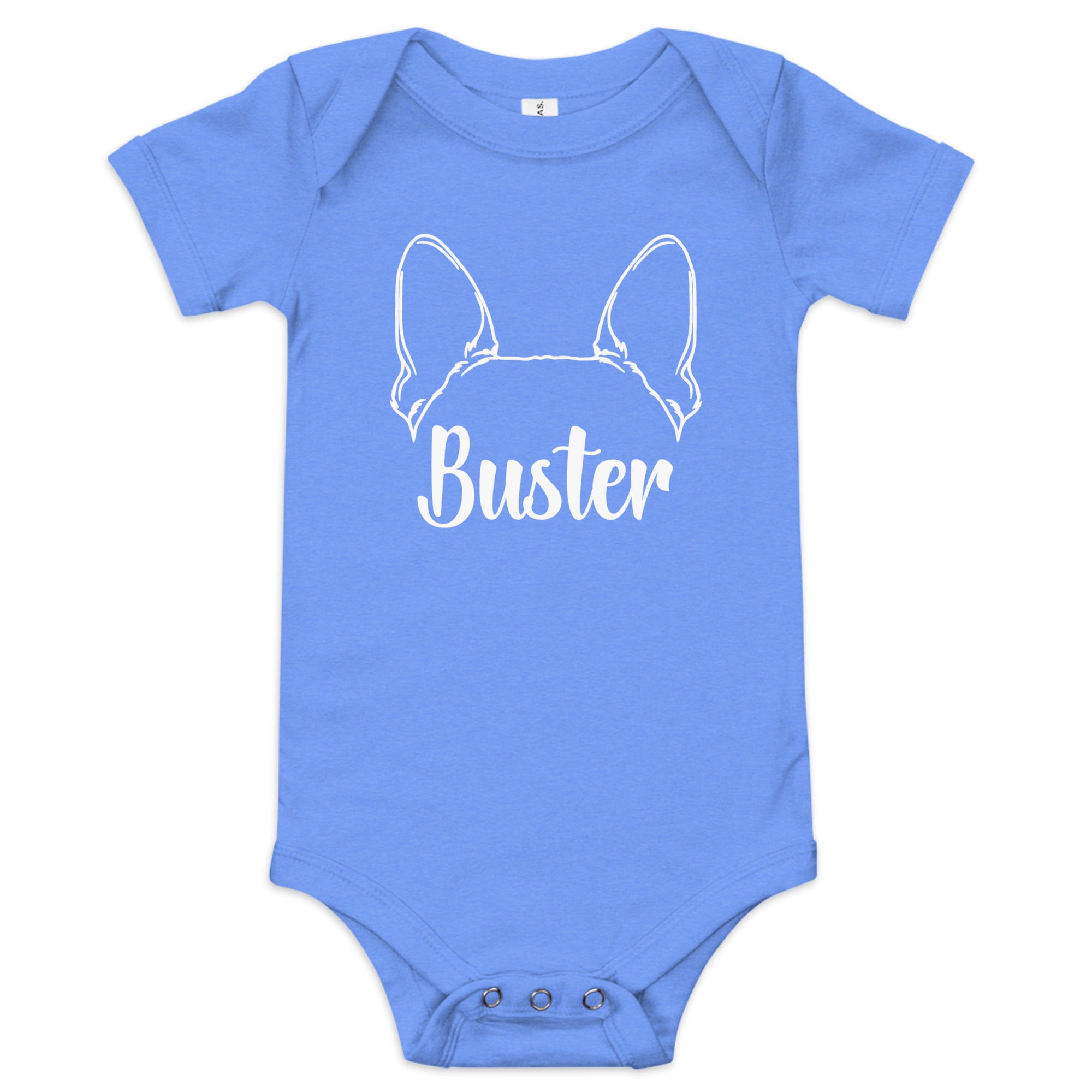 Big Ears With Boston Terrier Name - Personalized Baby Short Sleeve Onesie . Heather Columbia Blue