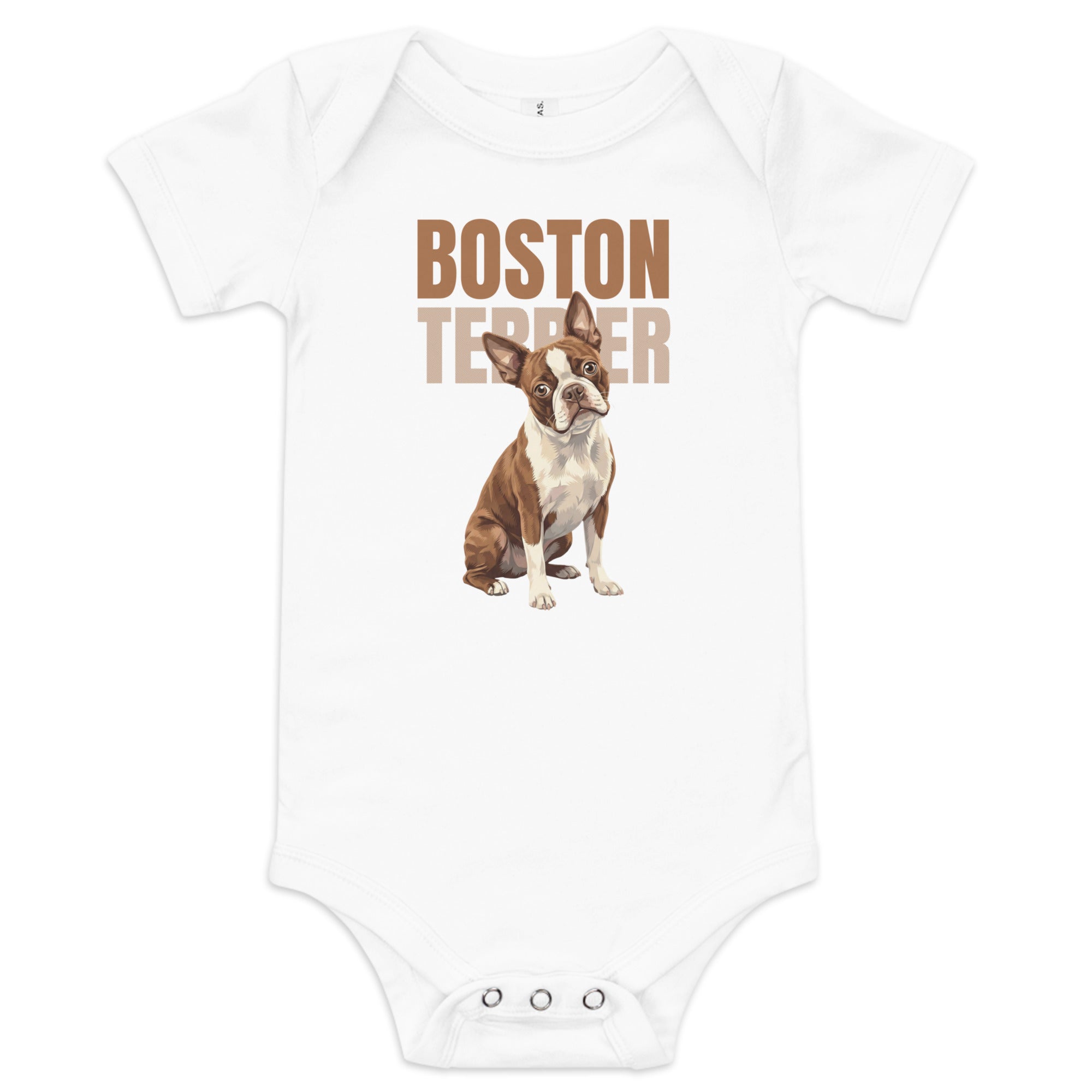 Brown Boston Terrier Dog Baby Short Sleeve Onesie . White