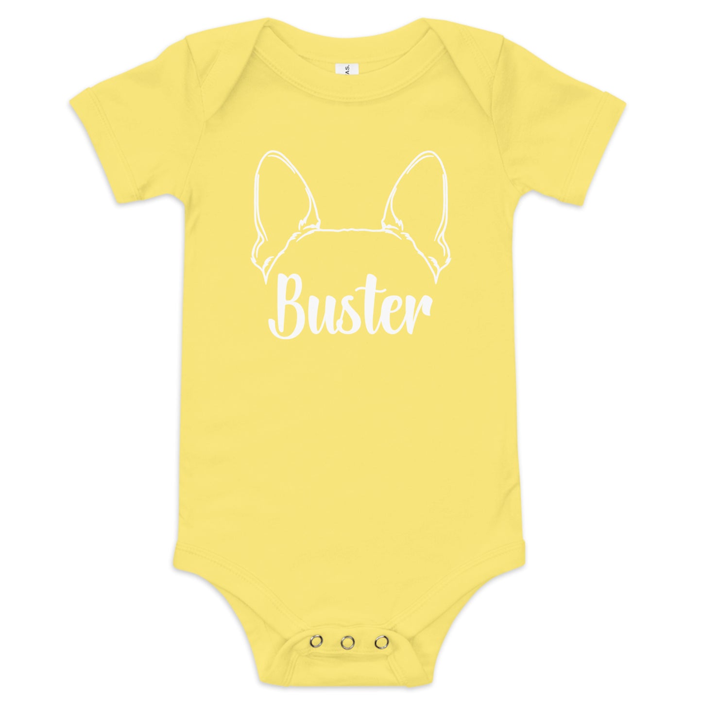 Big Ears With Boston Terrier Name - Personalized Baby Short Sleeve Onesie . Yellow