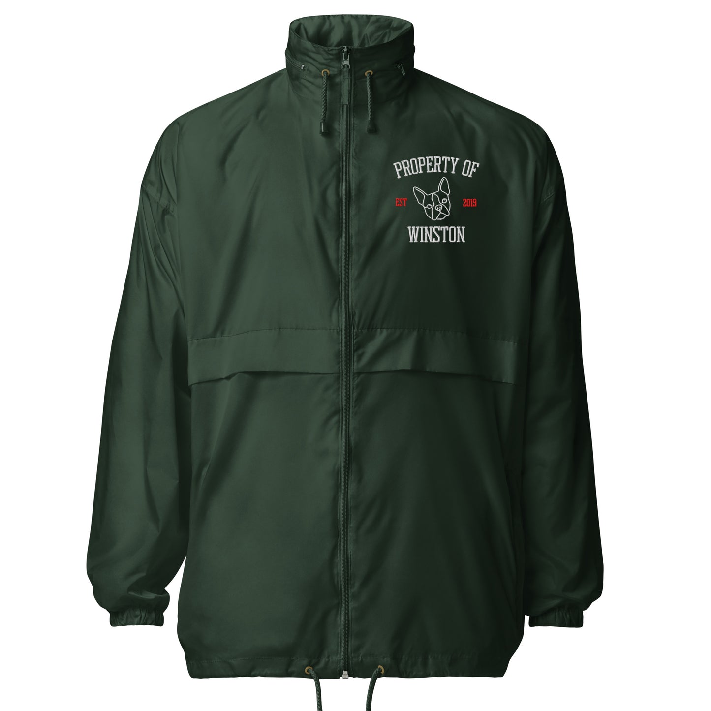 Property Of My Dog Custom Embroidered Unisex Packable Windbreaker . Forest Green
