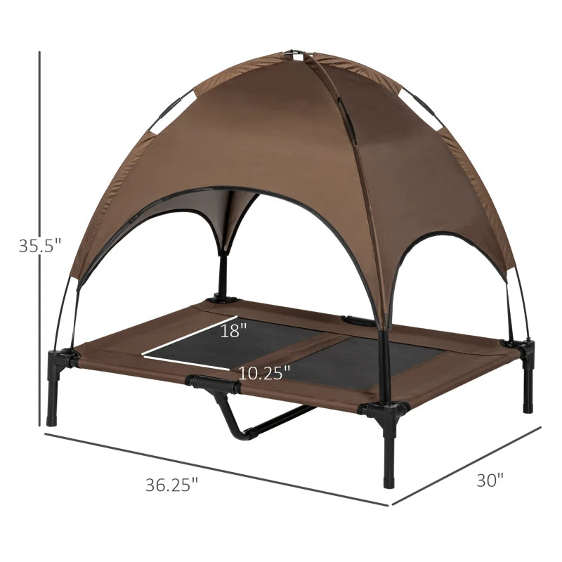 Portable Elevated Dog Bed with Sun Shade Canopy – Outdoor Cooling Pet Cot (36") - Coffee .