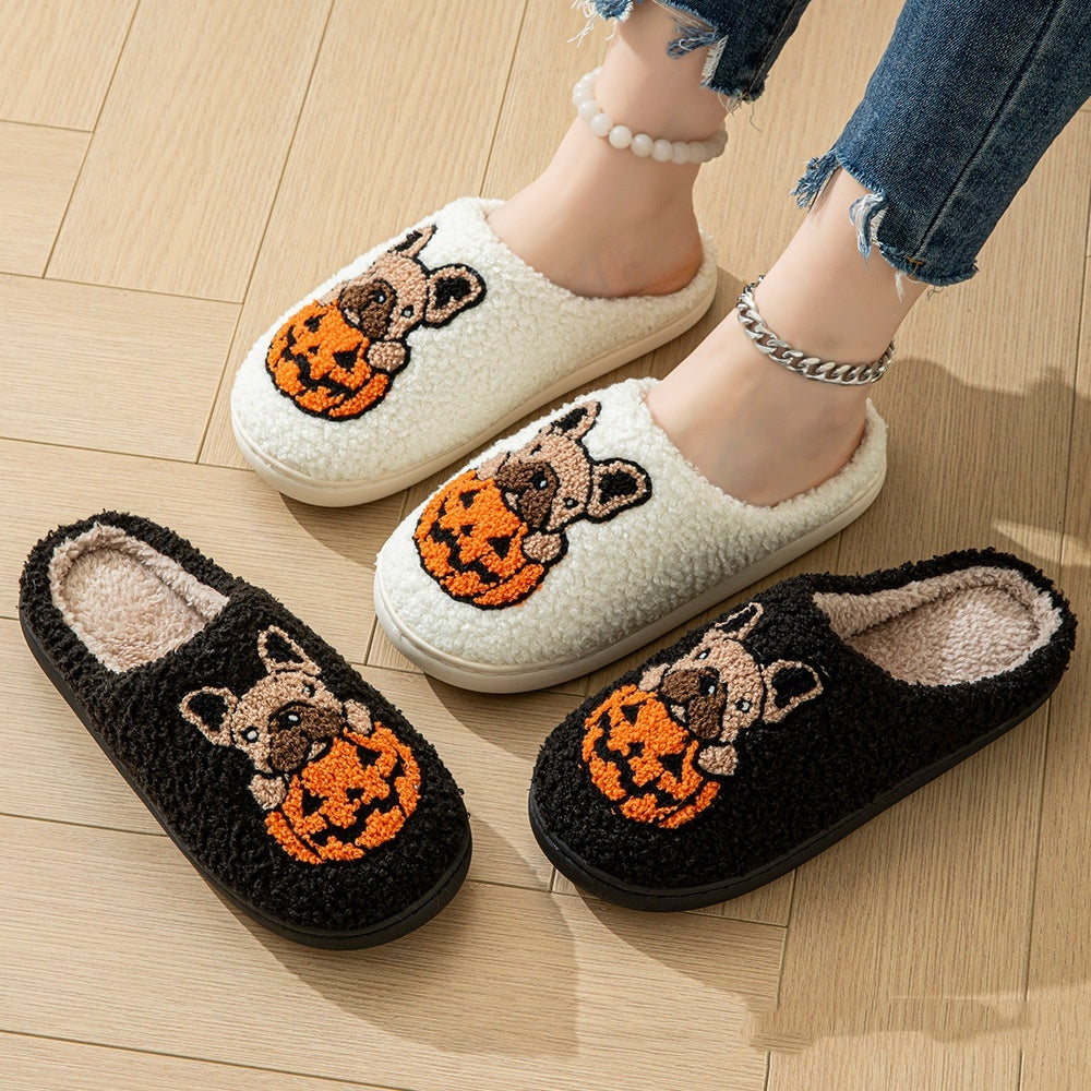 French Bulldog Pumpkin Embroidered Slippers