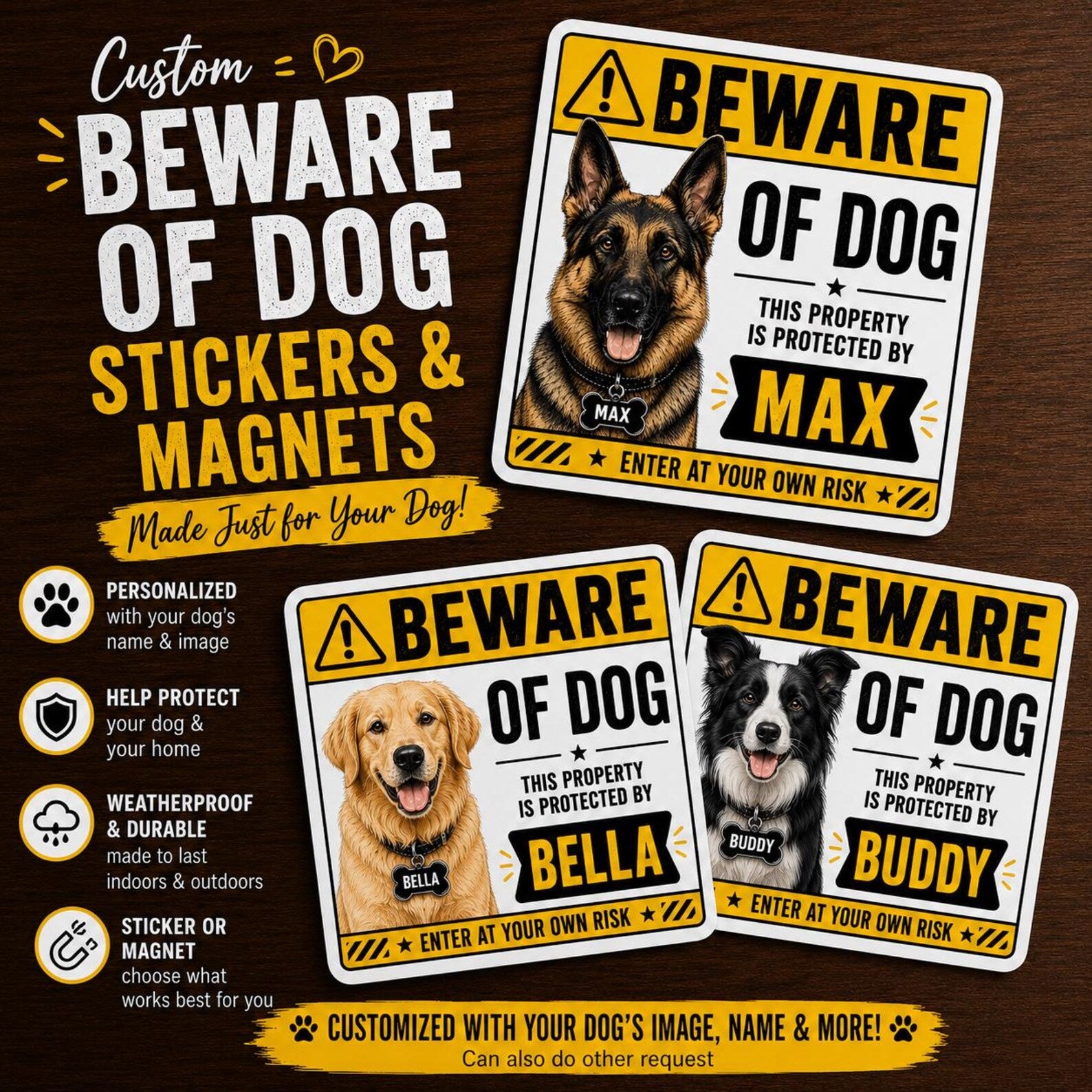 Personalized Beware of Dog Sticker or Magnet, Custom Dog Warning Sign, Dog Name Decal, Front Door Sticker, Pet Security Sign