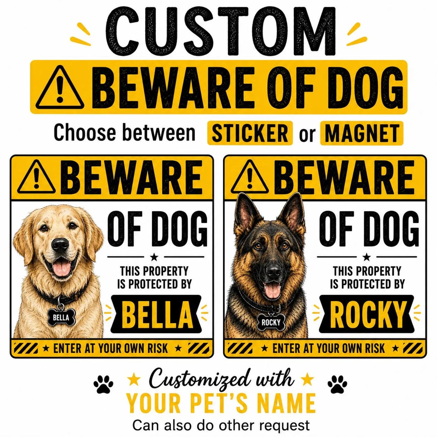 Personalized Beware of Dog Sticker or Magnet, Custom Dog Warning Sign, Dog Name Decal, Front Door Sticker, Pet Security Sign