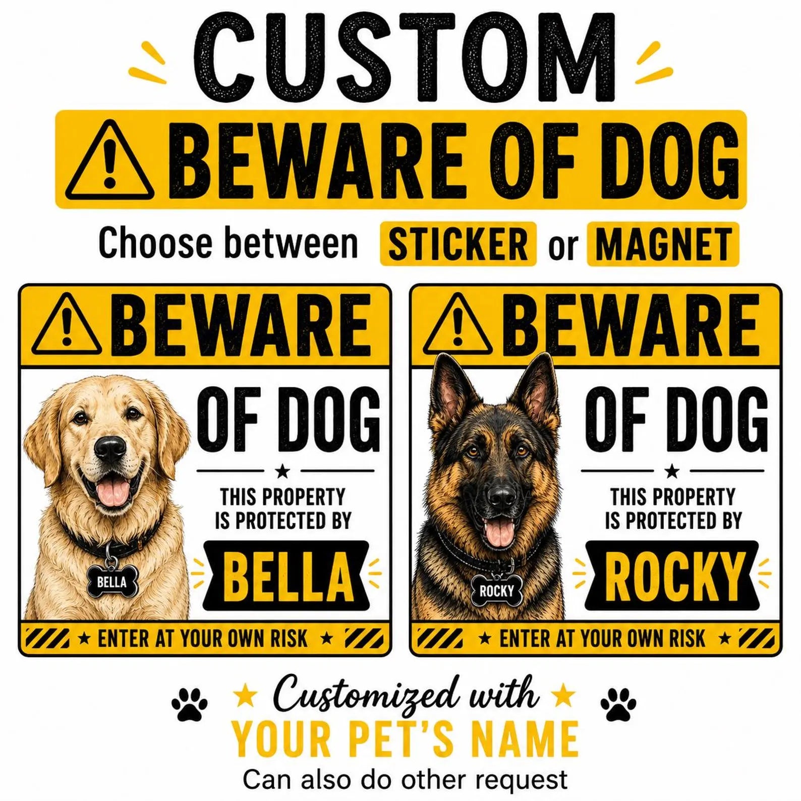 Personalized Beware of Dog Sticker or Magnet, Custom Dog Warning Sign, Dog Name Decal, Front Door Sticker, Pet Security Sign