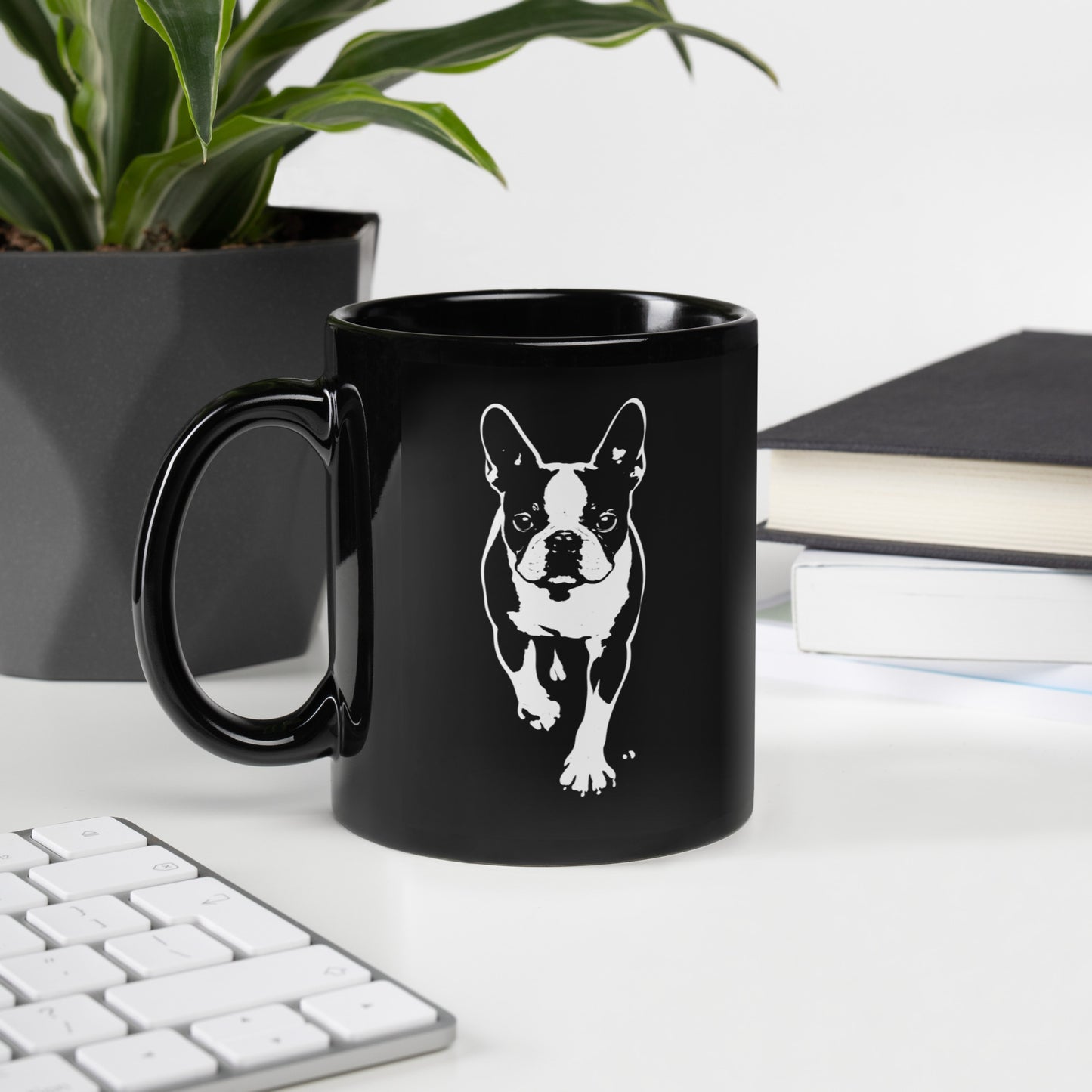 Boston Terrier Stencil Graphic – Minimalist Dog Lover Black Glossy Mug . 11 oz