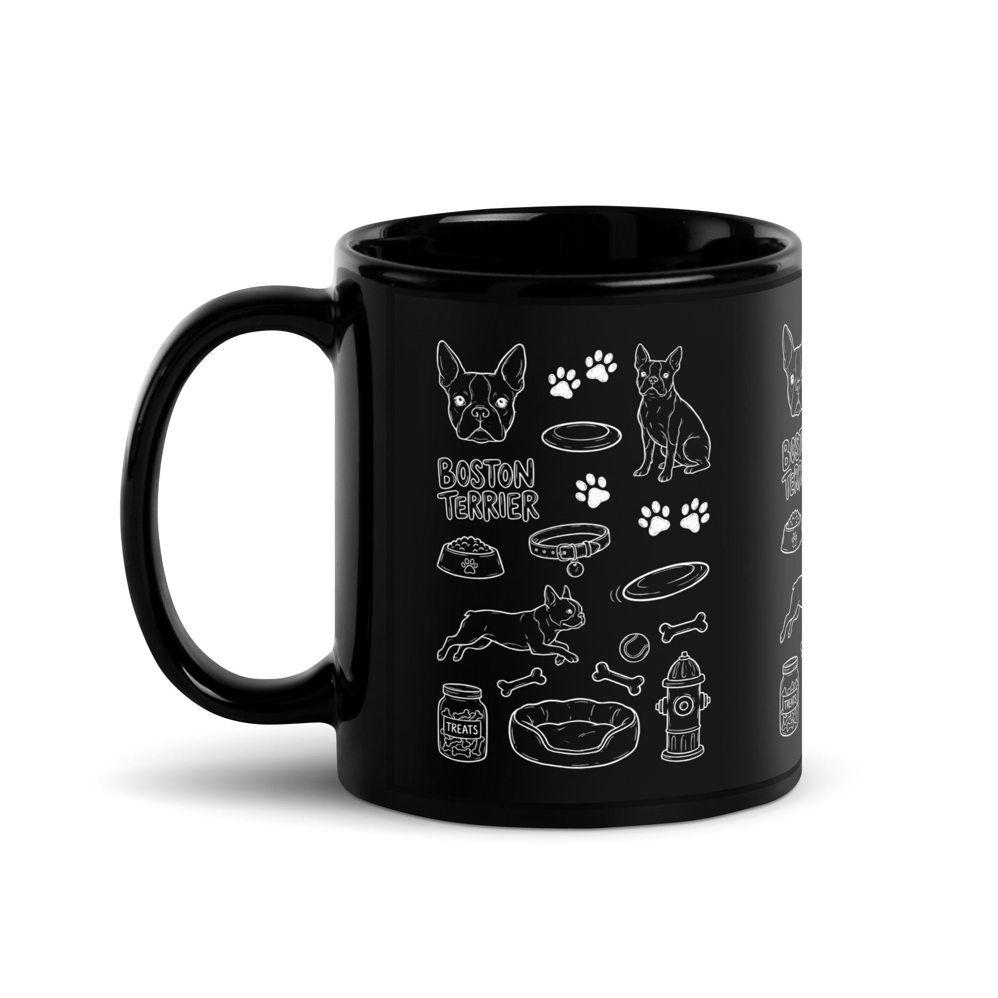 Boston Terrier Doodle Dog Lover Black Glossy Mug . 11 oz