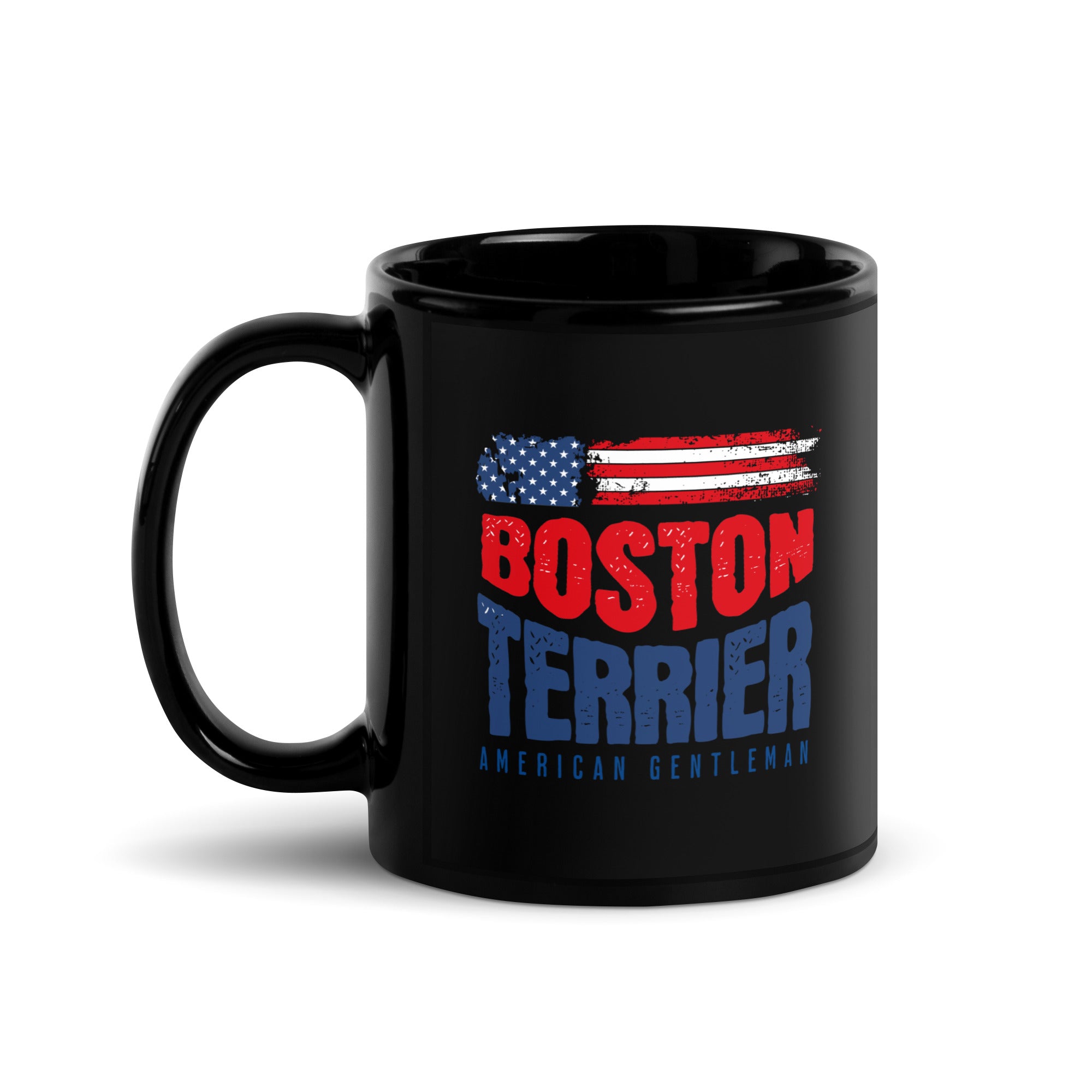 Boston Terrier American Flag Black Glossy Mug – 4th of July Patriotic Dog Mug | USA 250th Birthday Mug . 11 oz