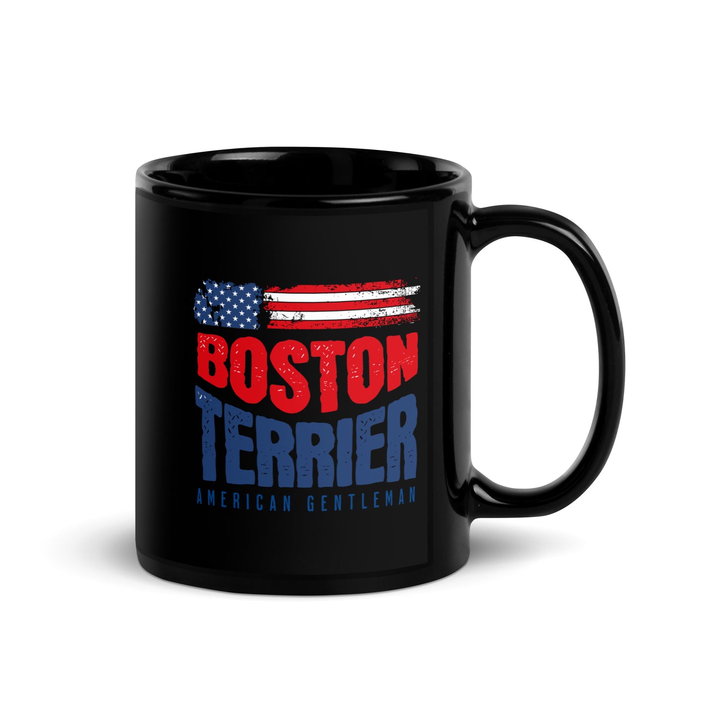 Boston Terrier American Flag Black Glossy Mug – 4th of July Patriotic Dog Mug | USA 250th Birthday Mug .
