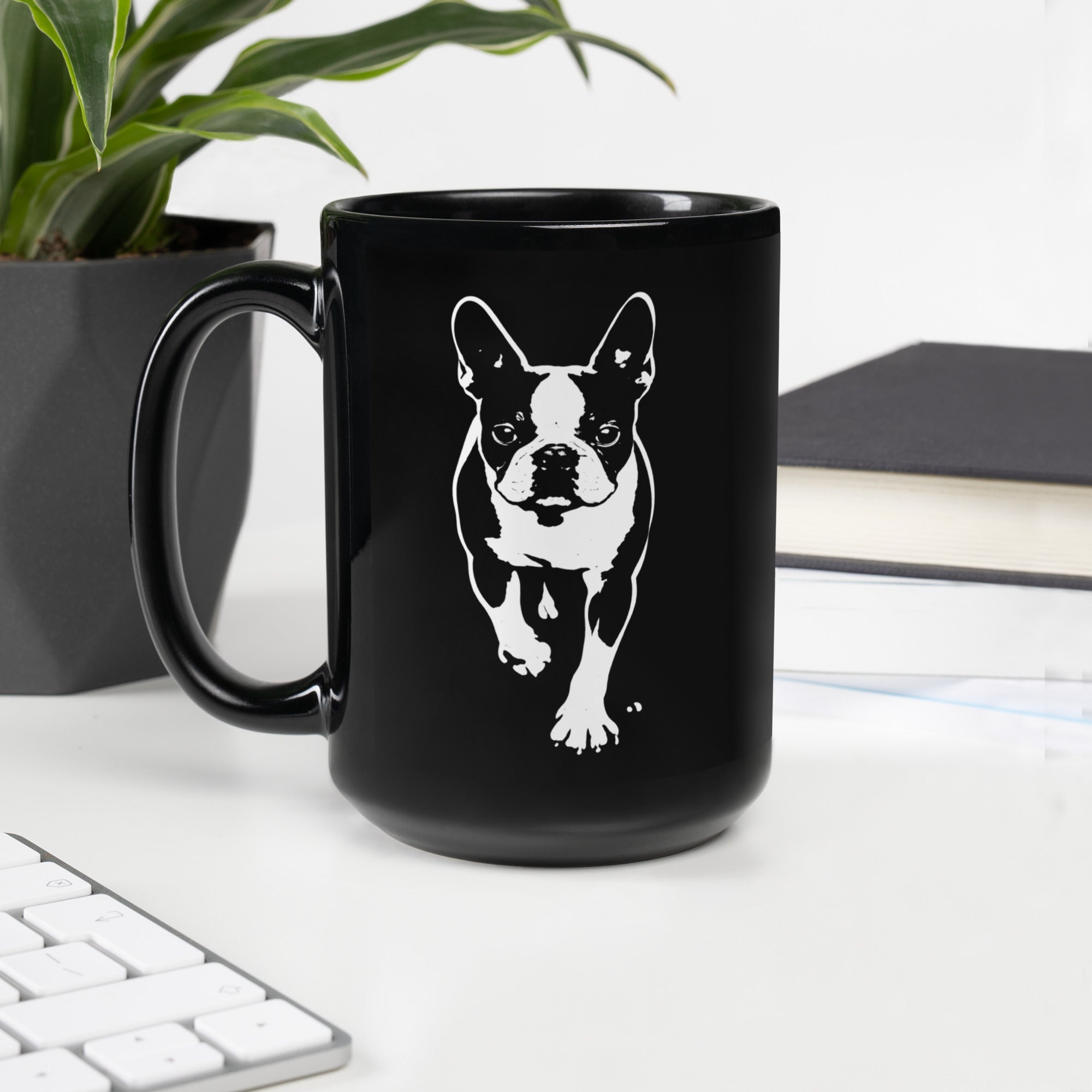 Boston Terrier Stencil Graphic – Minimalist Dog Lover Black Glossy Mug . 15 oz
