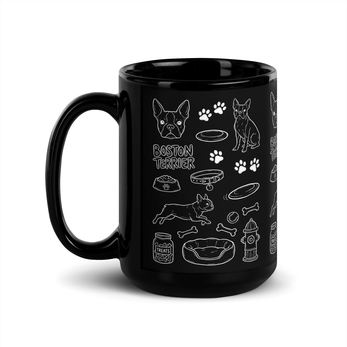 Boston Terrier Doodle Dog Lover Black Glossy Mug . 15 oz