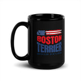 Boston Terrier American Flag Black Glossy Mug – 4th of July Patriotic Dog Mug | USA 250th Birthday Mug . 15 oz