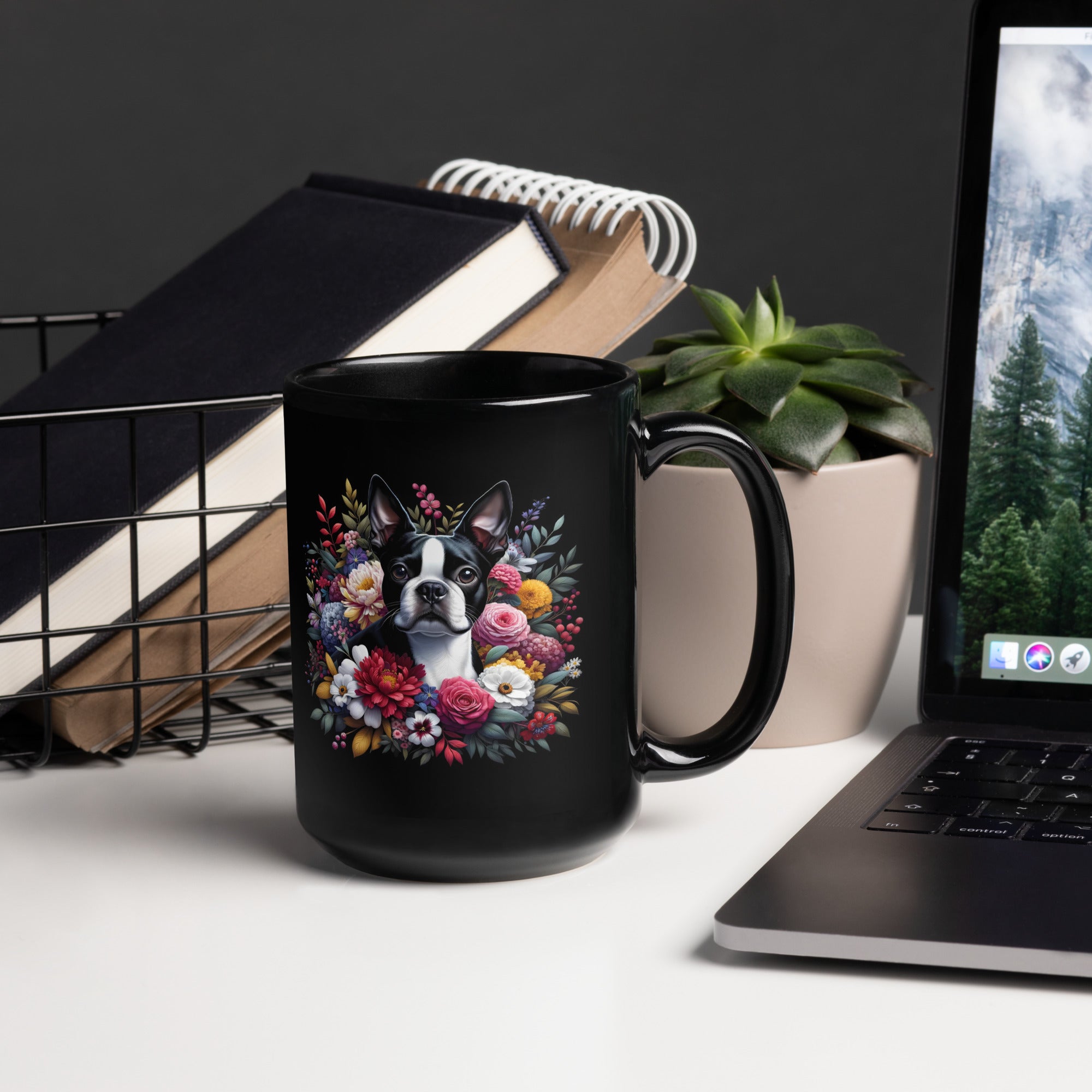Floral Boston Terrier Dog Black Glossy Mug