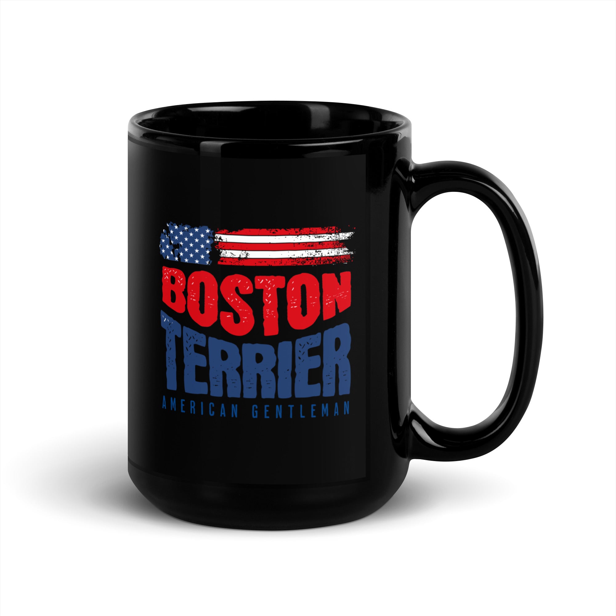 Boston Terrier American Flag Black Glossy Mug – 4th of July Patriotic Dog Mug | USA 250th Birthday Mug .
