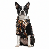 Dog wearing a hoodie with a pattern of other dogs on a white background