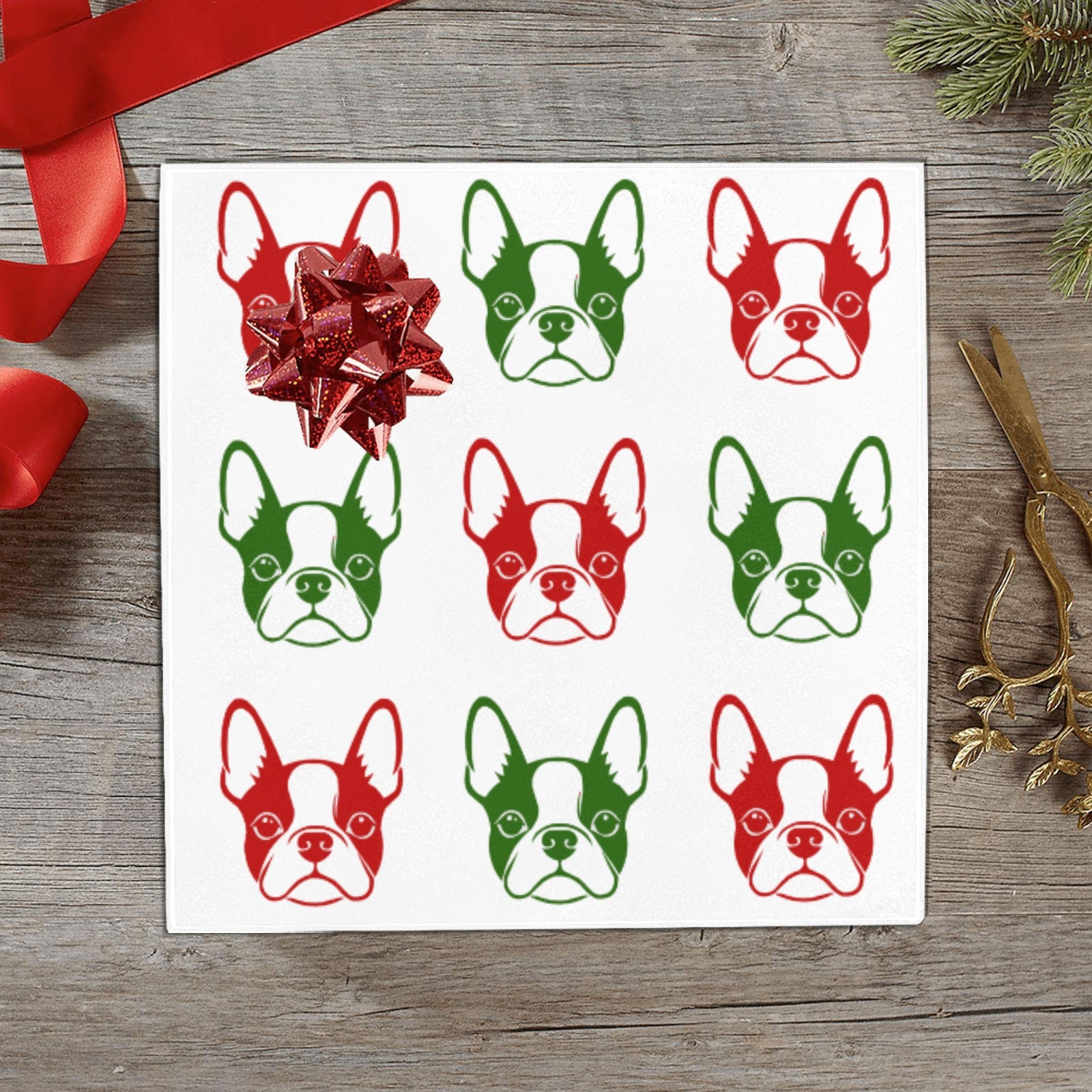 Christmas Boston Terrier Face Pattern Gift Wrapping Paper 58"x 22.8" (1 Roll)