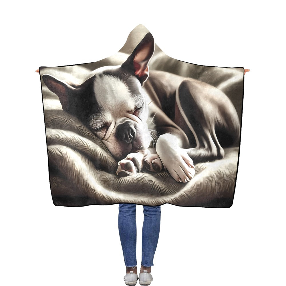Senior Boston Terrier Sleeping Dog Peacefully Flannel Hooded Blanket 50"x60"