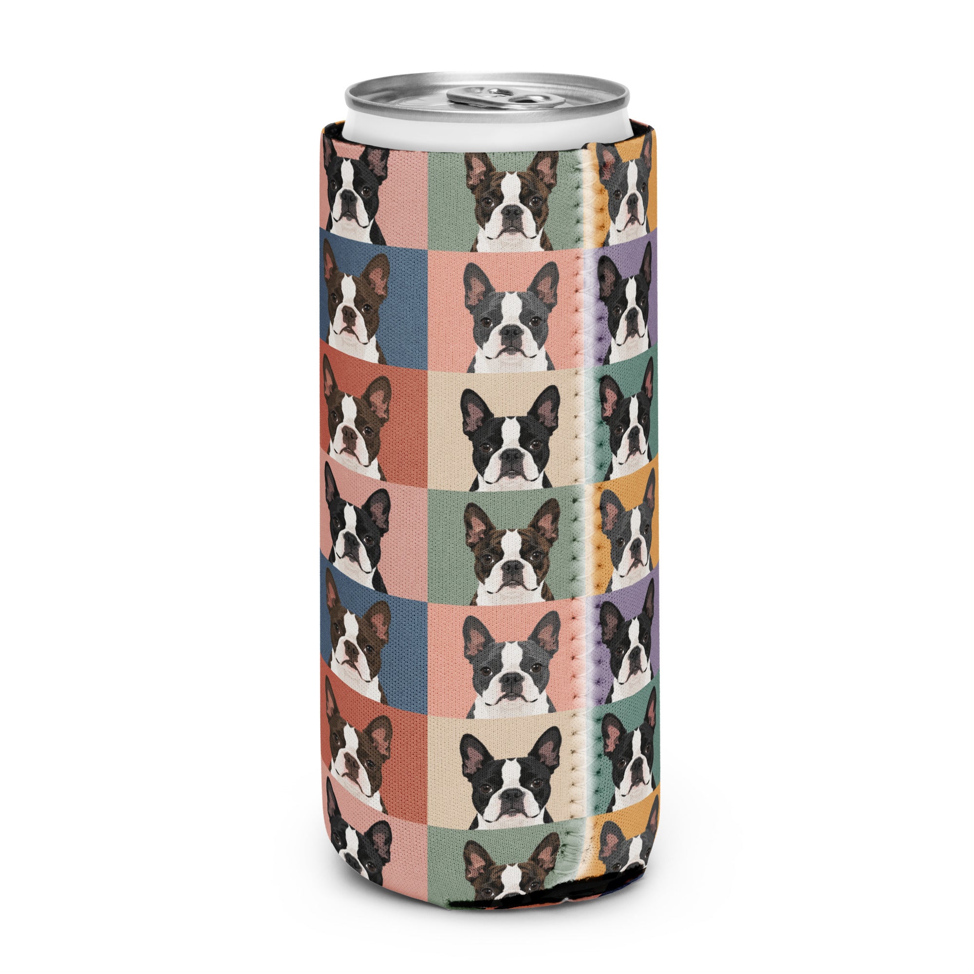 Pop Art Style Colored Boston Terriers Modern Tiles Pattern Can Cooler . Slim 12 oz