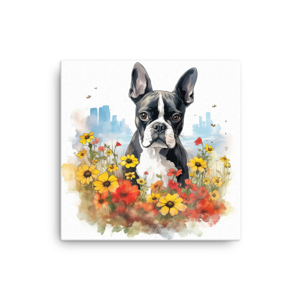 Boston Terrier Dog In A Garden Outside The City Canvas