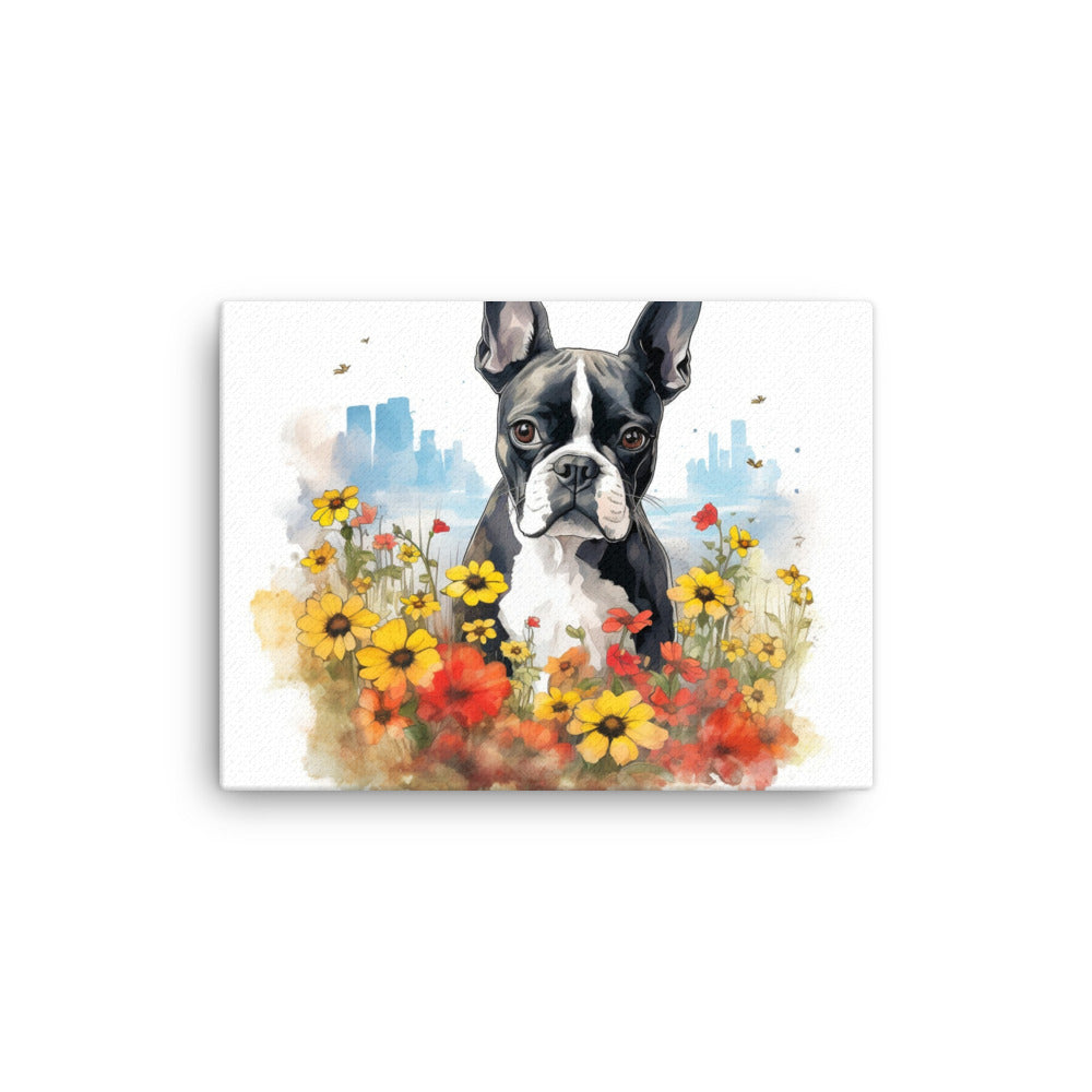 Boston Terrier Dog In A Garden Outside The City Canvas