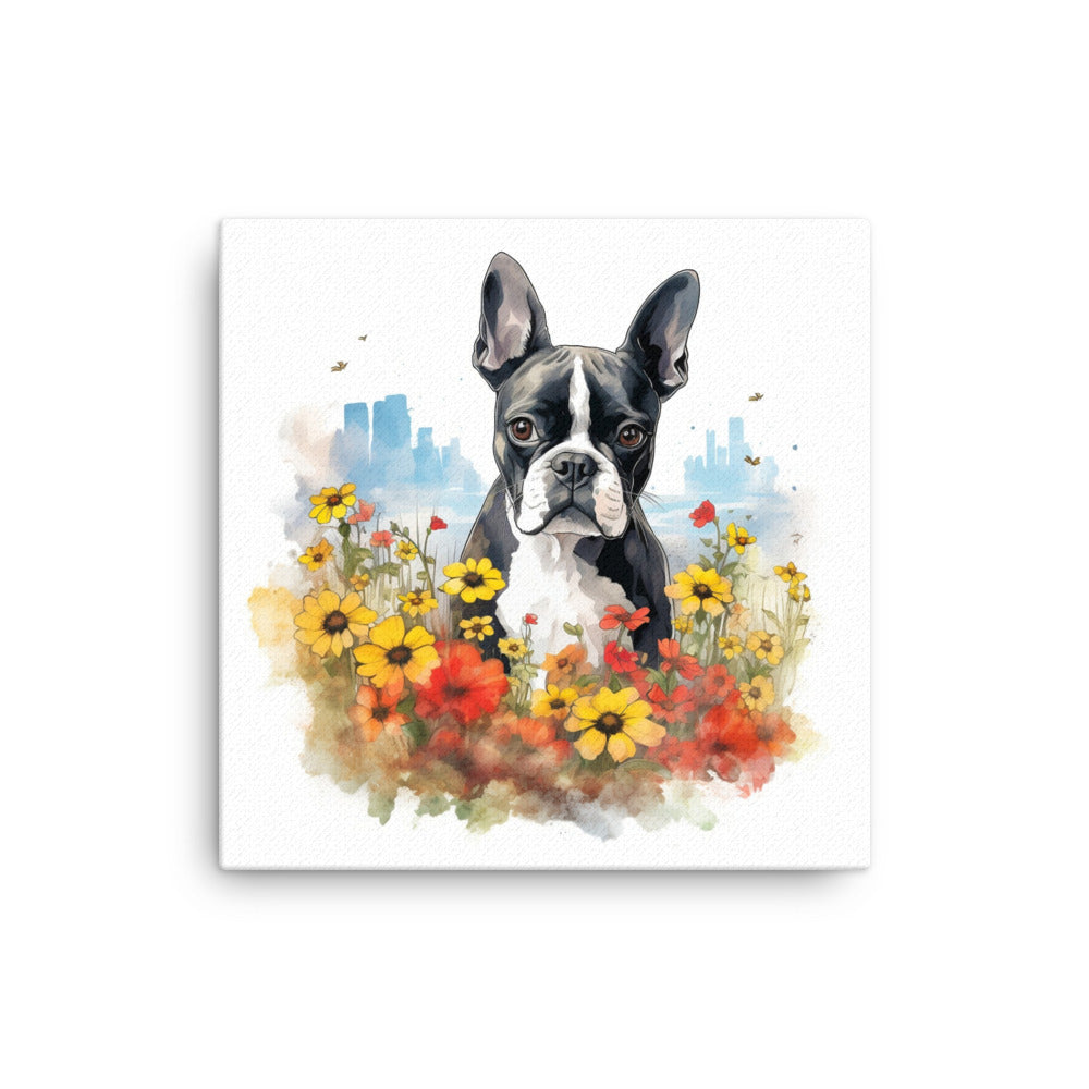 Boston Terrier Dog In A Garden Outside The City Canvas