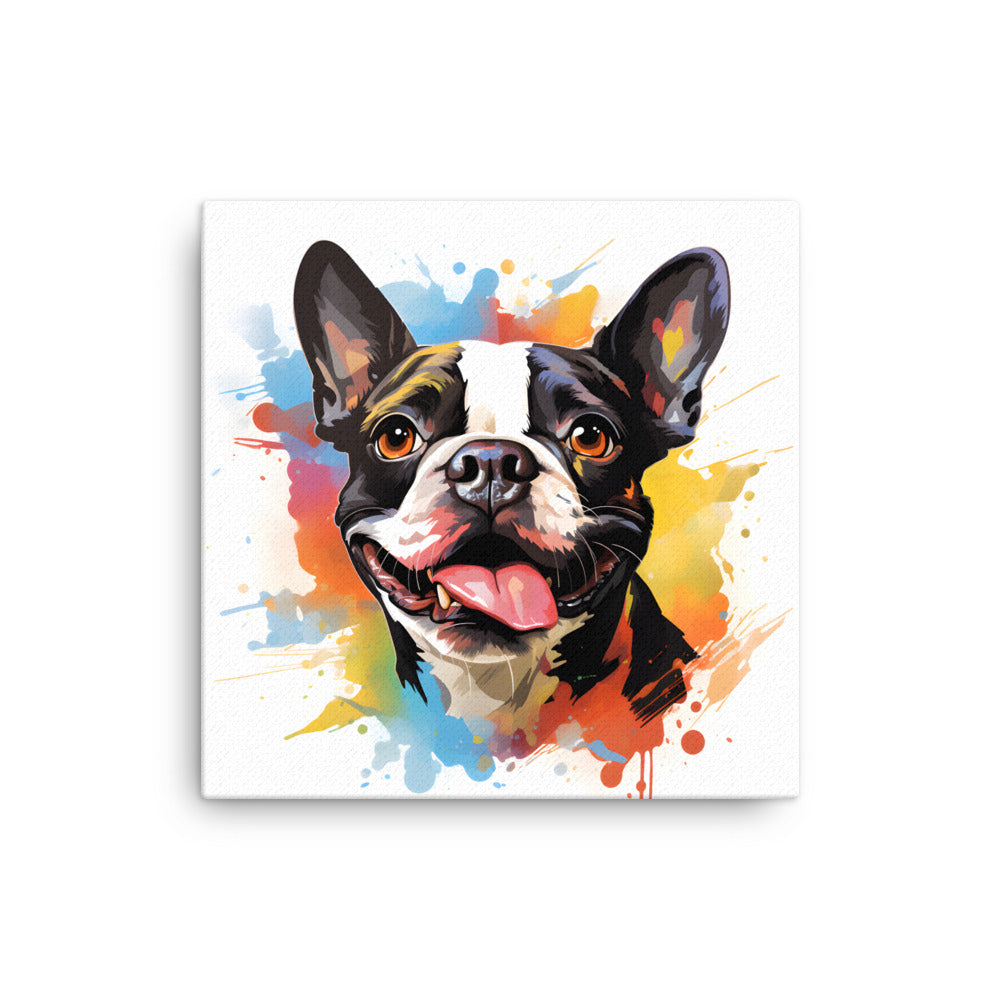 Colorful Playful Boston Terrier Dog Splash Art Canvas