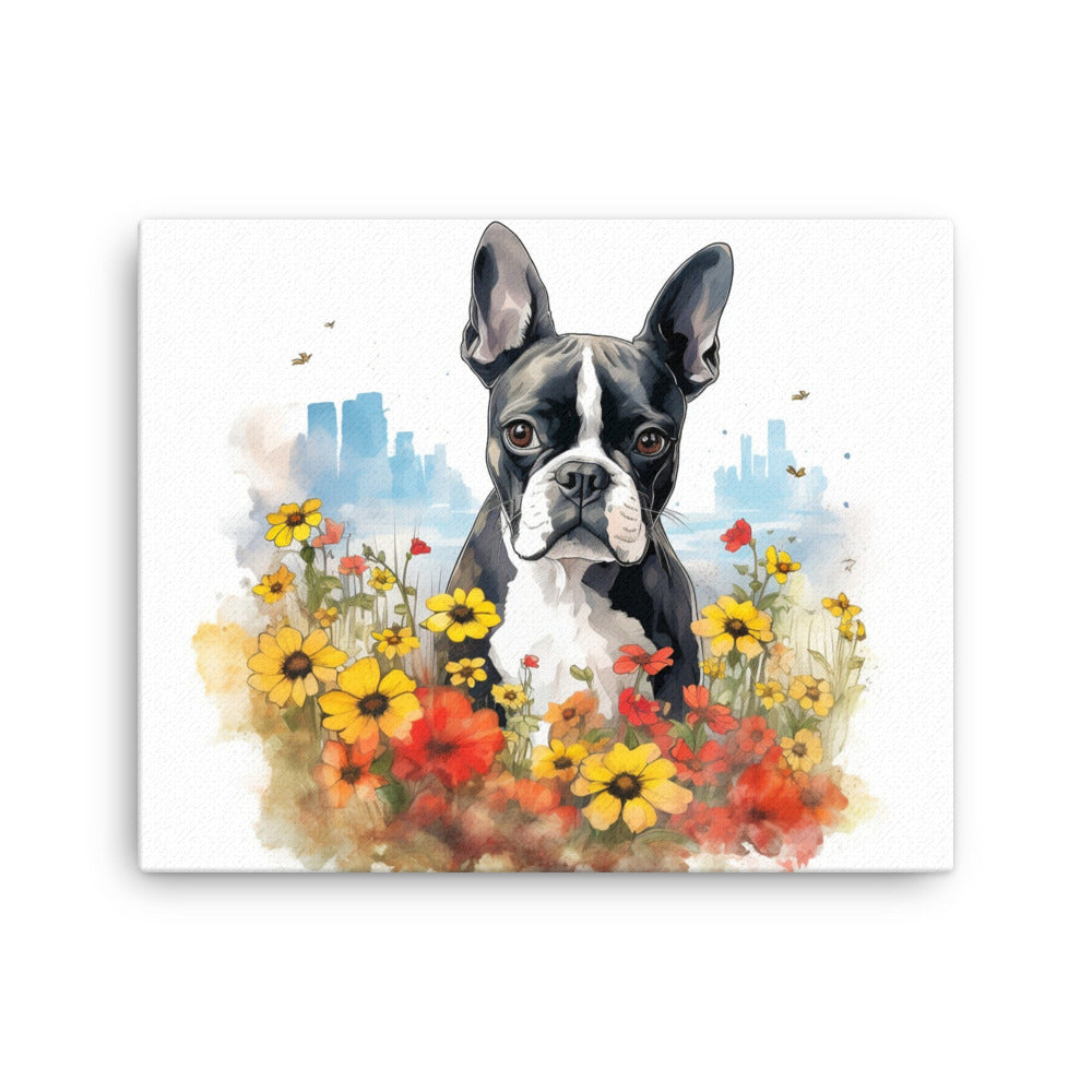 Boston Terrier Dog In A Garden Outside The City Canvas