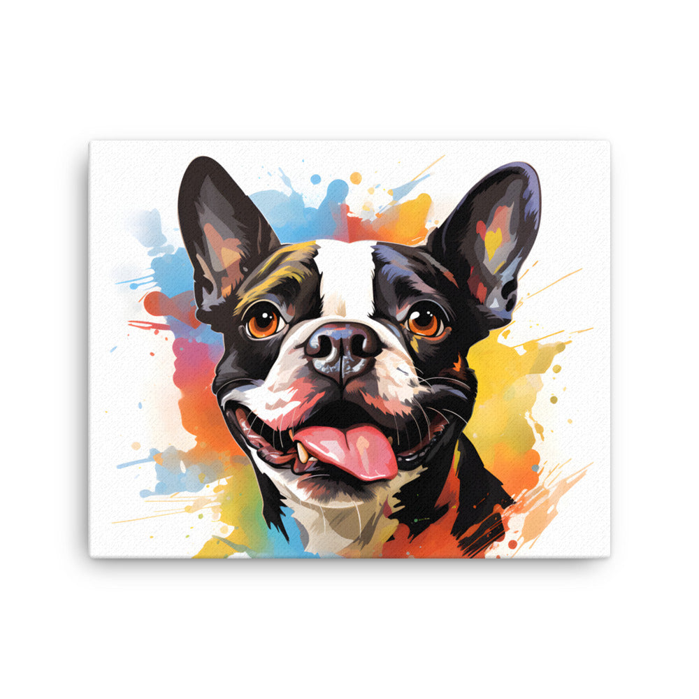 Colorful Playful Boston Terrier Dog Splash Art Canvas