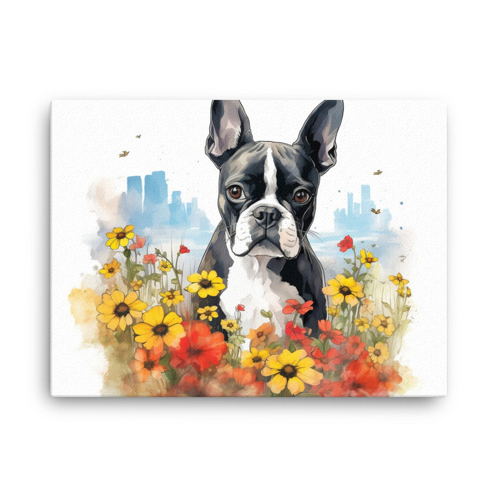 Boston Terrier Dog In A Garden Outside The City Canvas