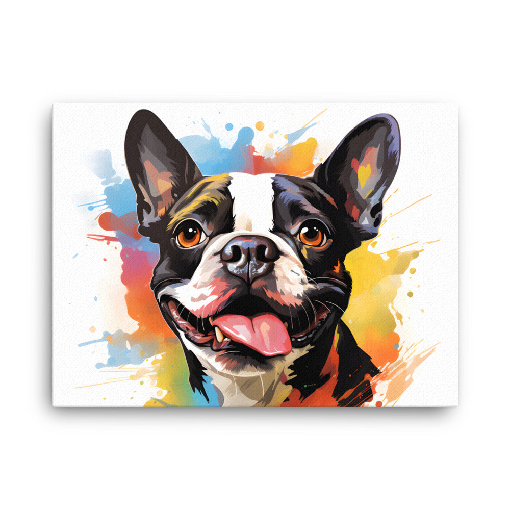 Colorful Playful Boston Terrier Dog Splash Art Canvas