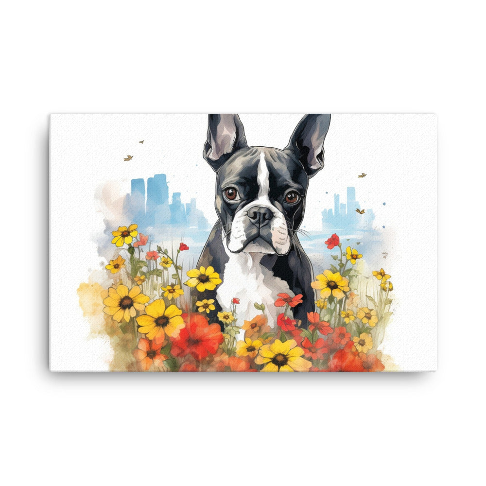 Boston Terrier Dog In A Garden Outside The City Canvas