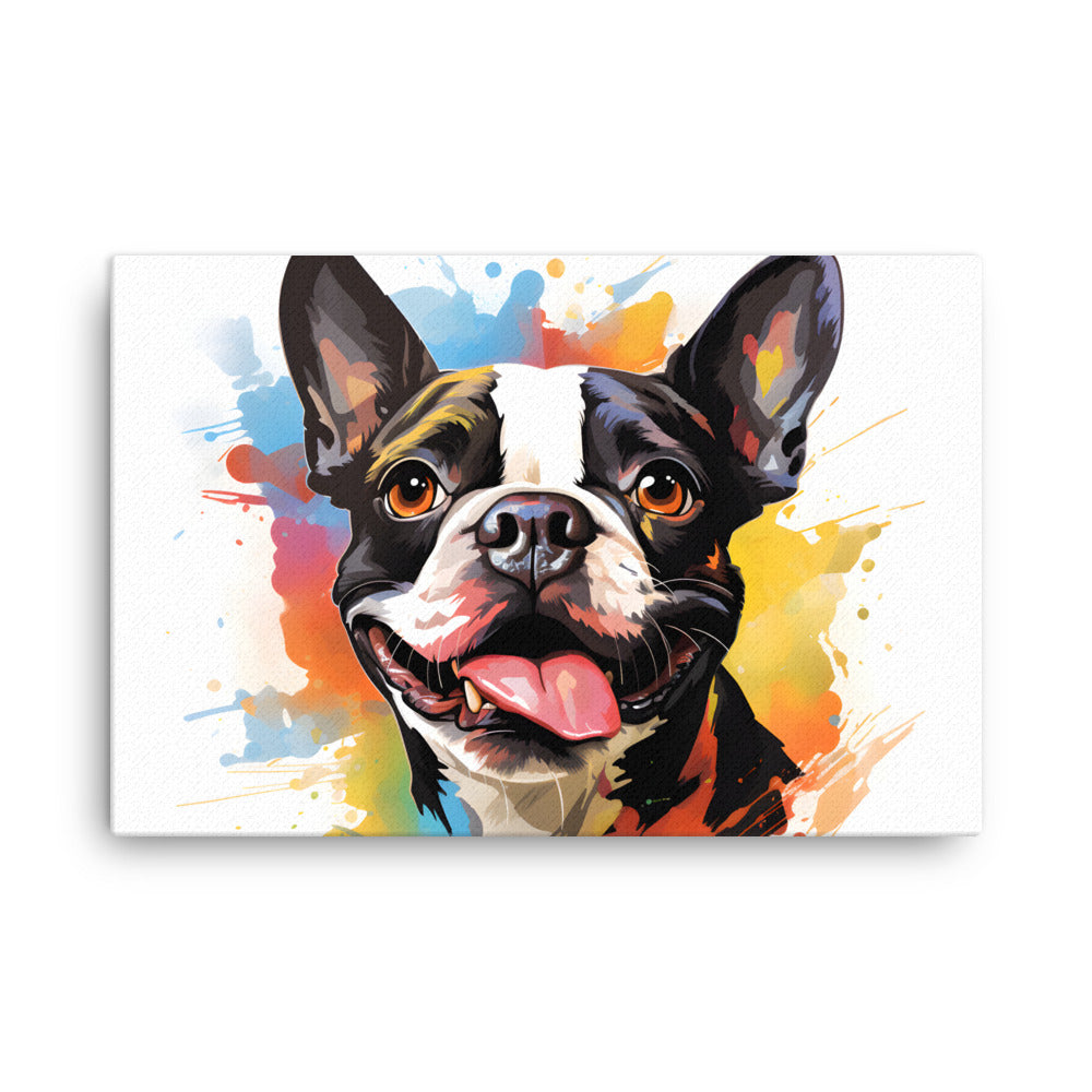 Colorful Playful Boston Terrier Dog Splash Art Canvas