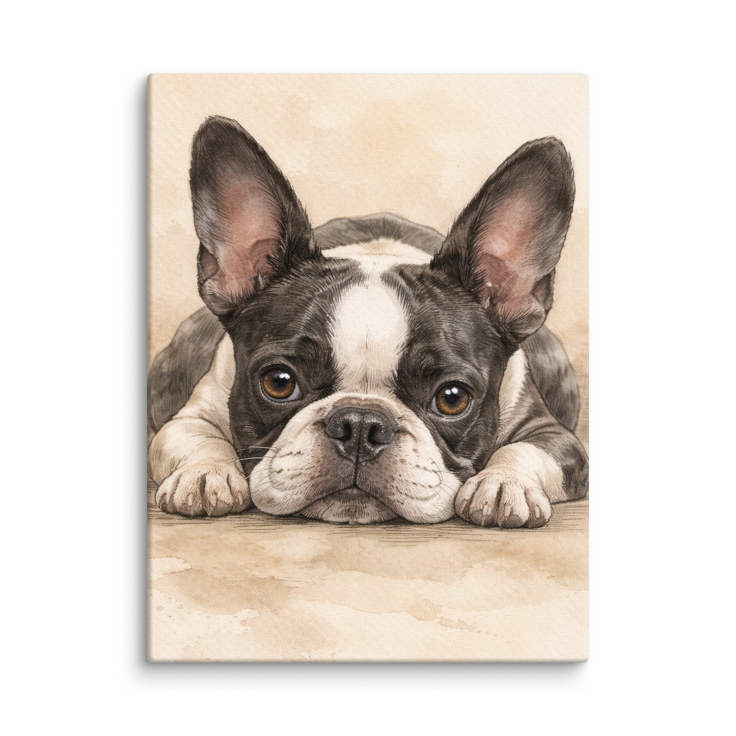 Watercolor Boston Terrier Dog Art Print Canvas . 9″×12″